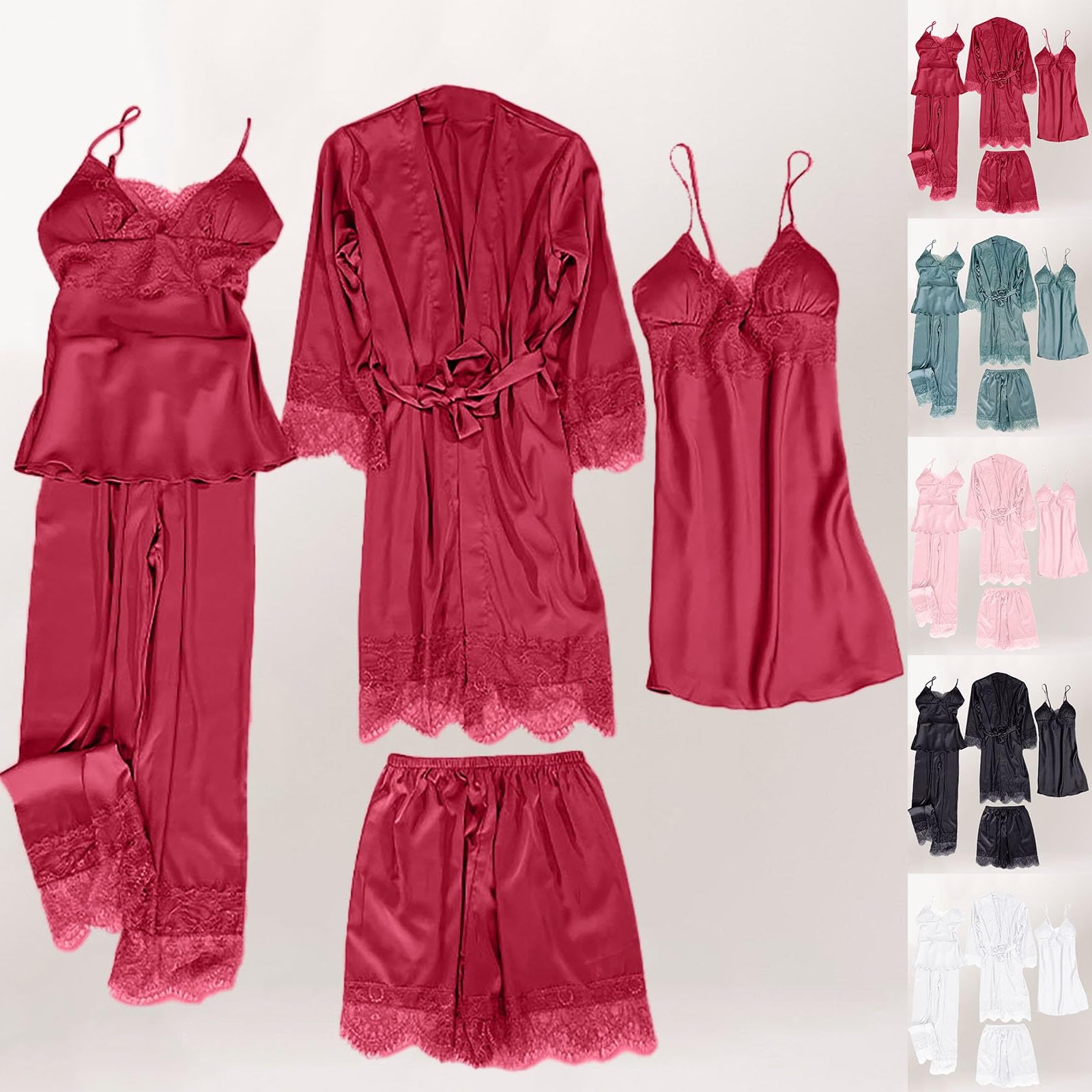 Set pigiama da 4 pezzi, camicia da notte in raso, pantaloncini, pigiama in pizzo, biancheria da notte sexy in seta, camicia da notte negligee, vestaglia e pantaloni, set per abbigliamento da casa