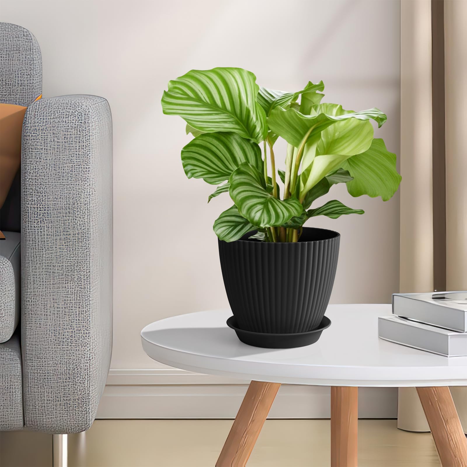 FORAGIFT Vasi per Piante da Interno di 19cm - Set di 6 con Fori di Drenaggio e Sottovaso, Plastica Rigata Decorativa Nero