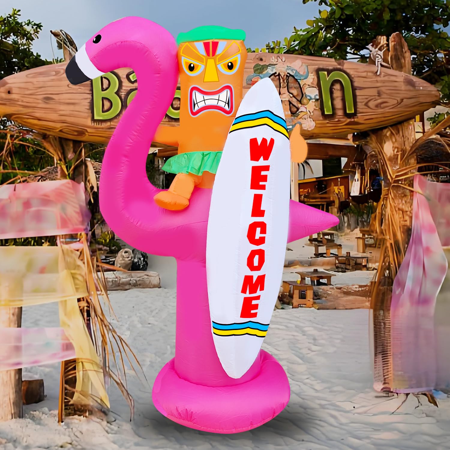 Flamant Rose Gonflable Géant 1,8 M Avec Palmier – Décoration LED Pour Fêtes Tropicales, Plage Et Jardin