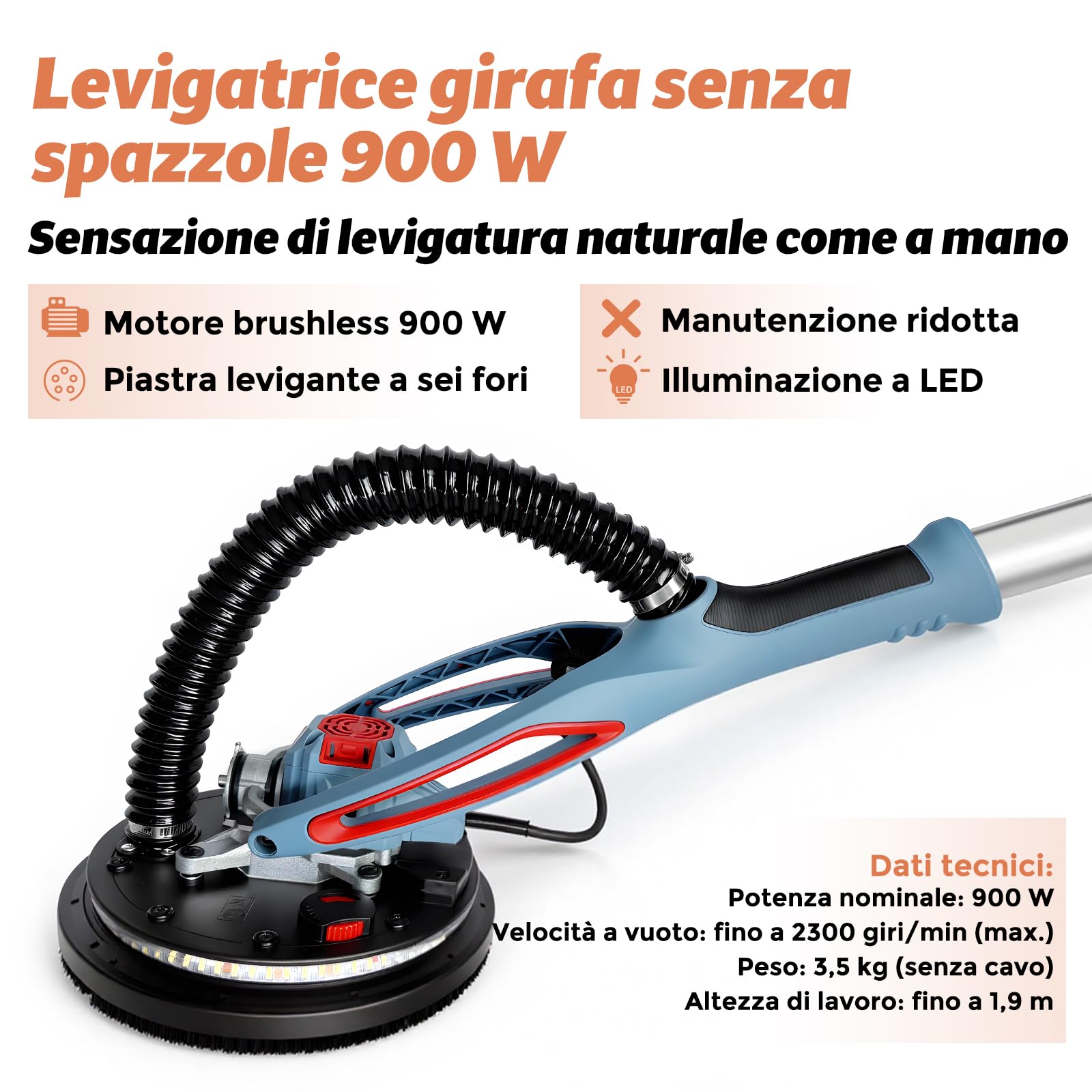 FANZWORK - Smerigliatrice per muro a secco con motore senza spazzole EC, ultra leggera, 900 W, giraffa abrasiva, 2300 giri/min(max), con sistema di aspirazione, illuminazione a LED, incl. dischi