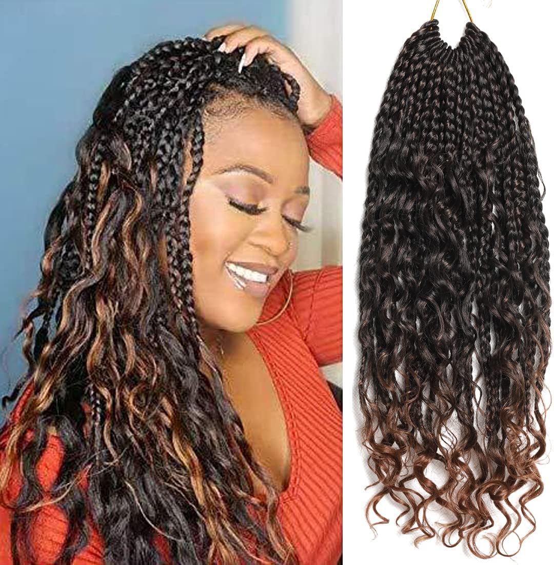 8 Packs Boho Bob Box Braids Crochet Hair with Curly Ends 14 Inch 3X Bohemian Goddess Box Braids Crochet Hair Synthetic Braiding Hair Extension Black for Black Women๏ผT1B-30)๏ผ