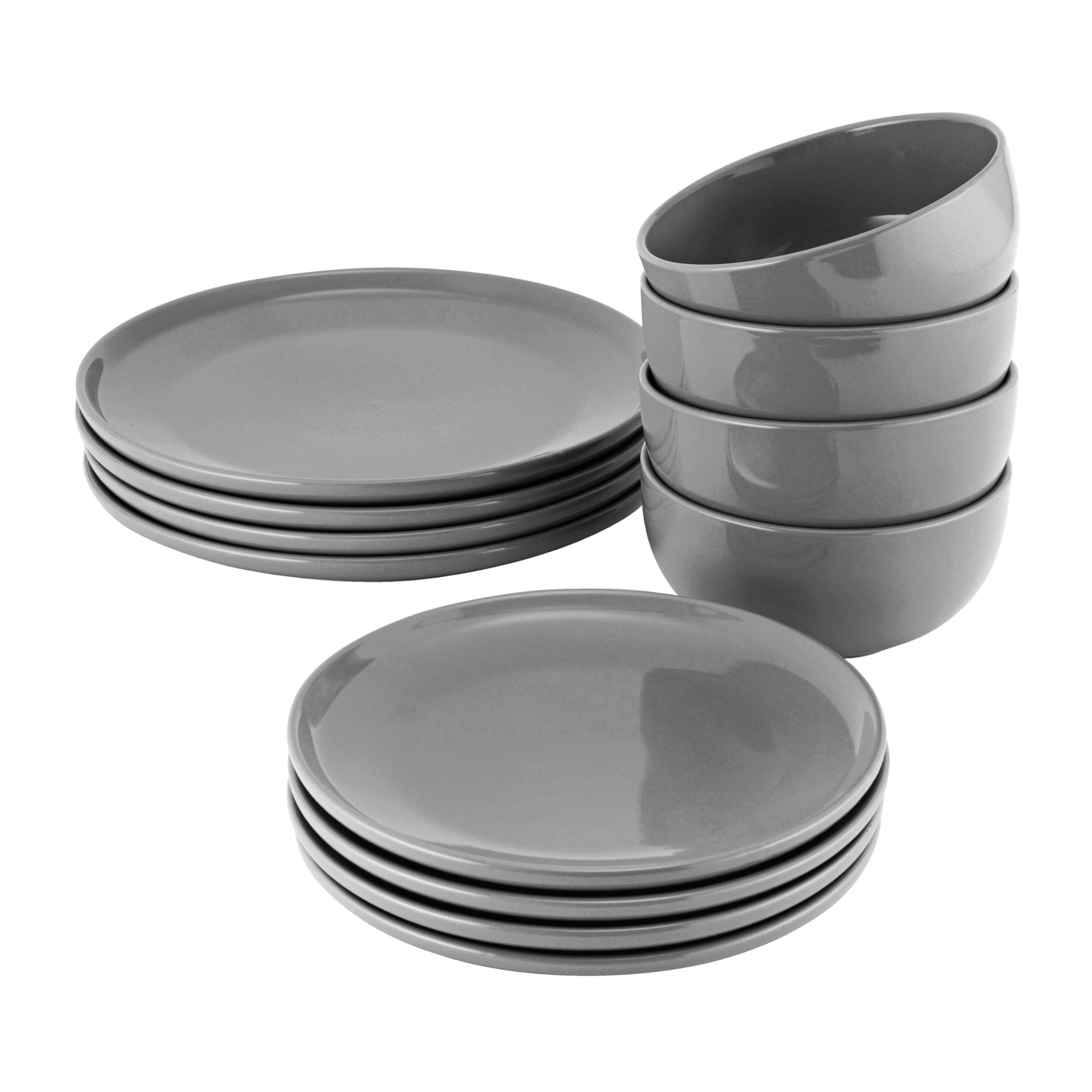 ProCook Stockholm Charcoal Grey Dinner Set Stoneware Scandinavian Style Flat Base Dishwasher, Microwave & Oven Safe Dinnerware 12 Piece, 15.5 x 21 x 27 cm