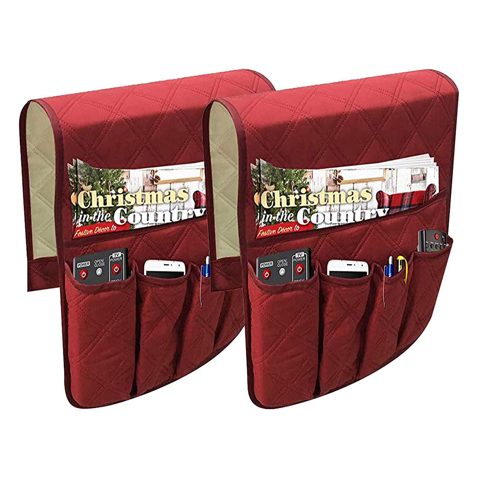 Sofa-Armlehnen-Organizer für Liegecouch mit 5 Taschen, Sessel für Tablets, Telefone, Bücher, Zeitschriften, Emotes – 2 Packungen,Rot