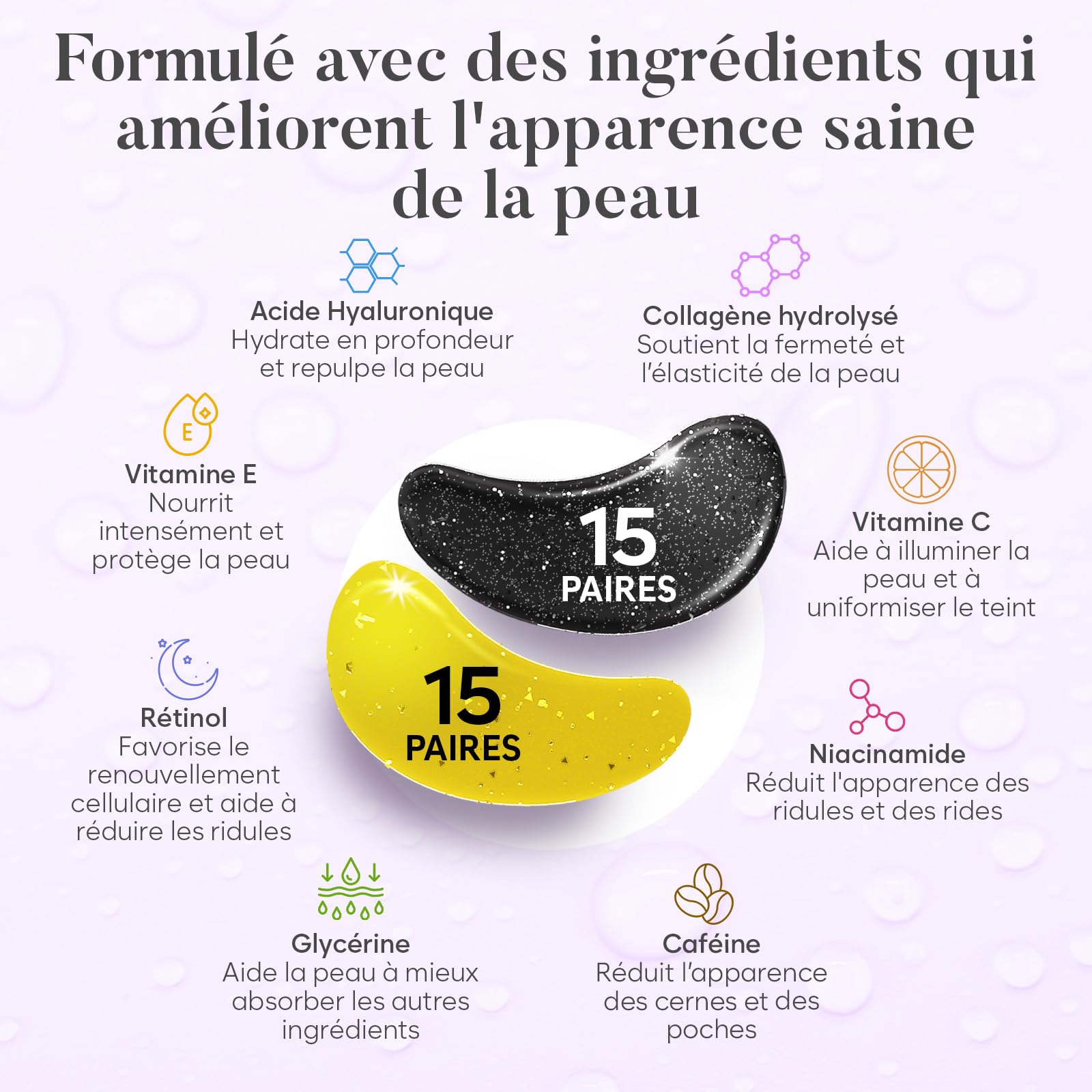 Patch Yeux Anti Cernes (30 paires, Jour et Nuit), Masque Yeux avec Caféine, Collagène et Acide Hyaluronique, Patch Anti Cernes, Eye Mask pour l'hydratation et les poches