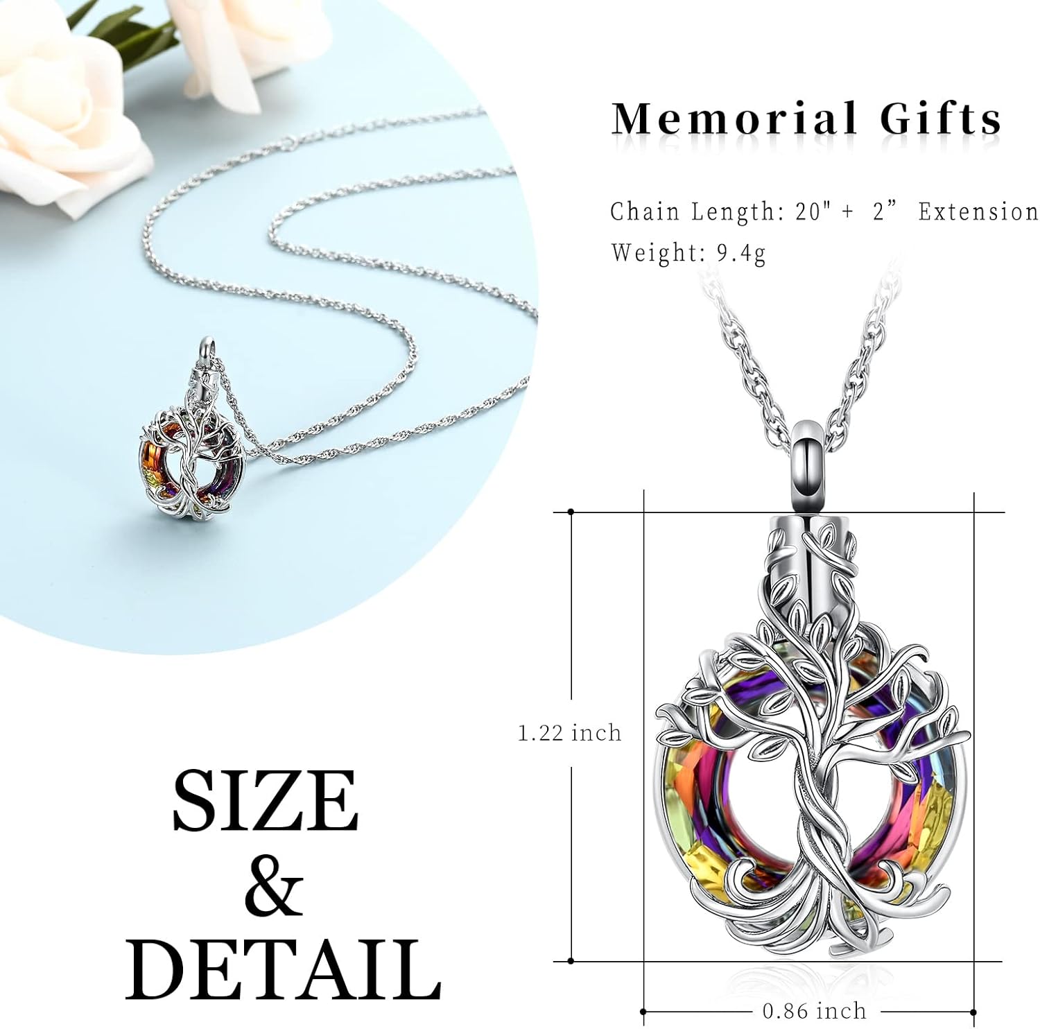 shajwo Tree of Life Cremation Urn Ashes Necklace for Women Men Circle of Life Cremation Crystals Ash Pendant Loved One Memorial Jewelry - Image 2