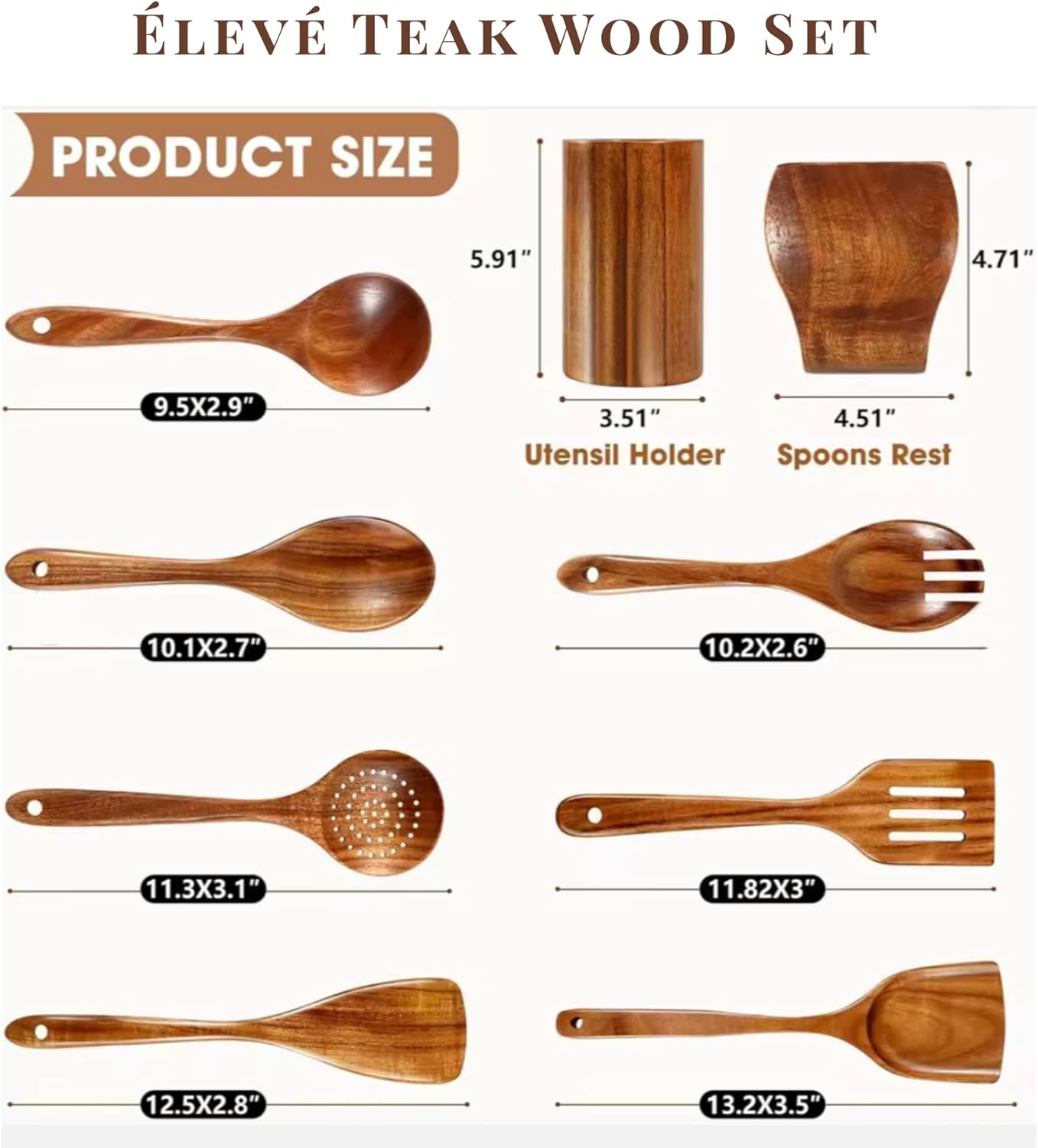 Natural Teak Wood Cooking & Serving Spoons Set (9-Piece) | Wooden Kitchen Utensils with Holder & Spoon Rest | Non-Stick Safe, Food-Grade, Durable & Elegant Cookware Tools - Image 3