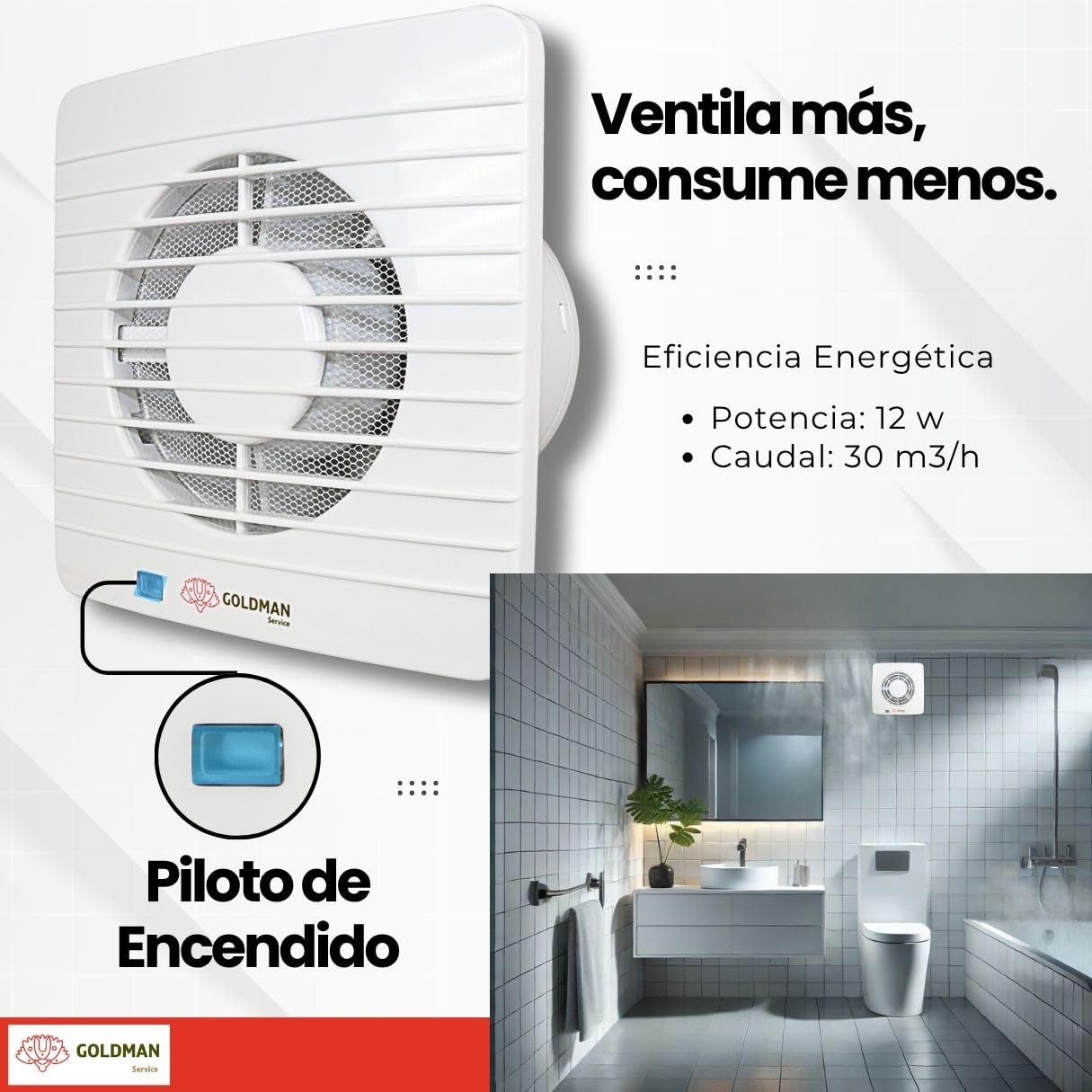 GOLDMAN SERVICE | Extractor de Baño Silencioso con Temporizador Ventilador Extractor de Aire Anti Humedad Olores Válvula Antirretorno y Mosquitera | Diámetro: 100 milímetros 12W