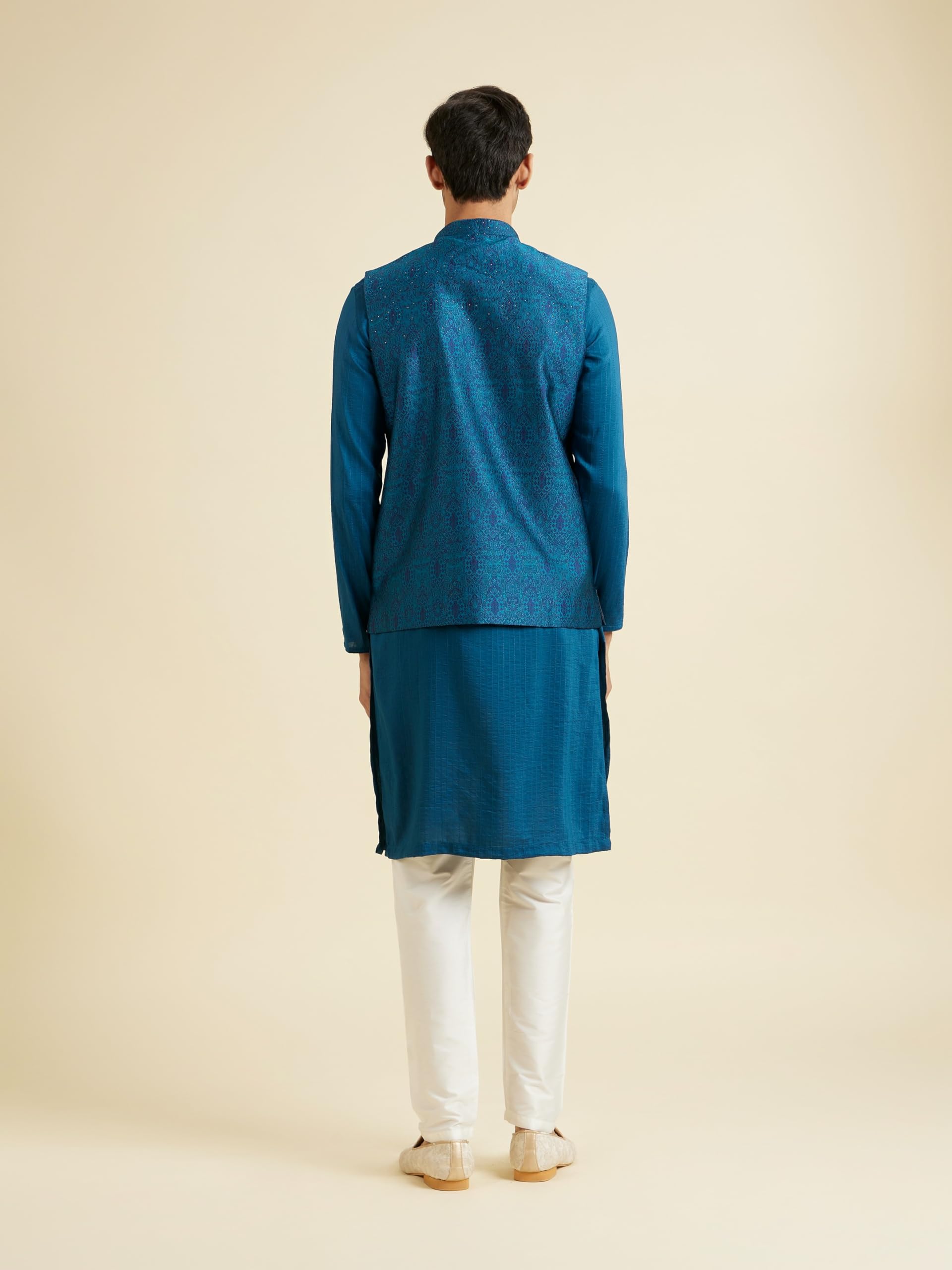 Manyavar Men's Brocade Sequinned Nehru Jacket(Teal Blue,M) 3