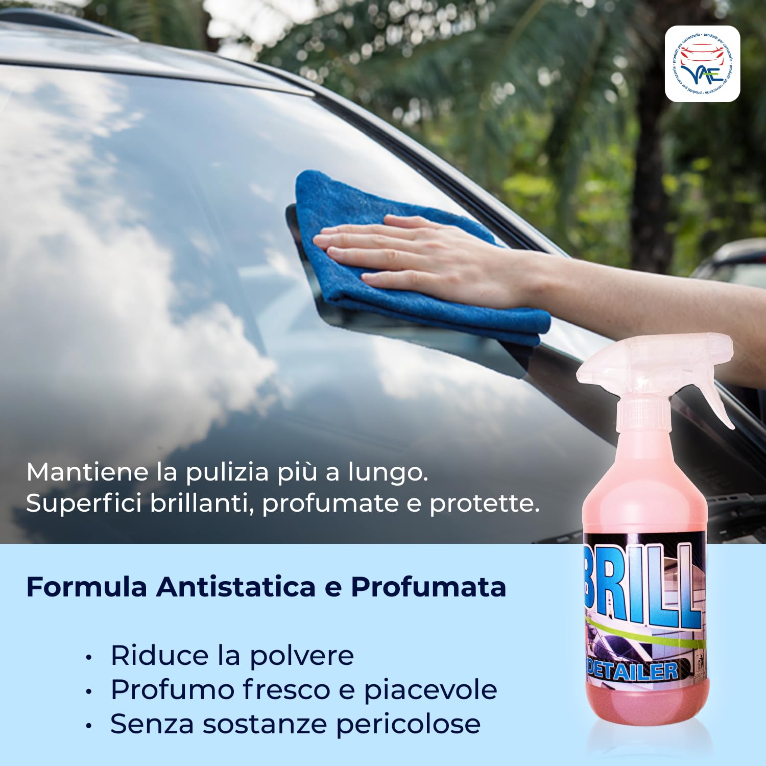 VAEBRILL Quick Detailer, Pulitore Universale Auto Tanica 5 L + Flacone 500 ml e 2 Panni in Microfibra, Lava Senza Acqua, Detergente Antistatico per Cruscotti, Vetri, Plastiche, Formula Professionale