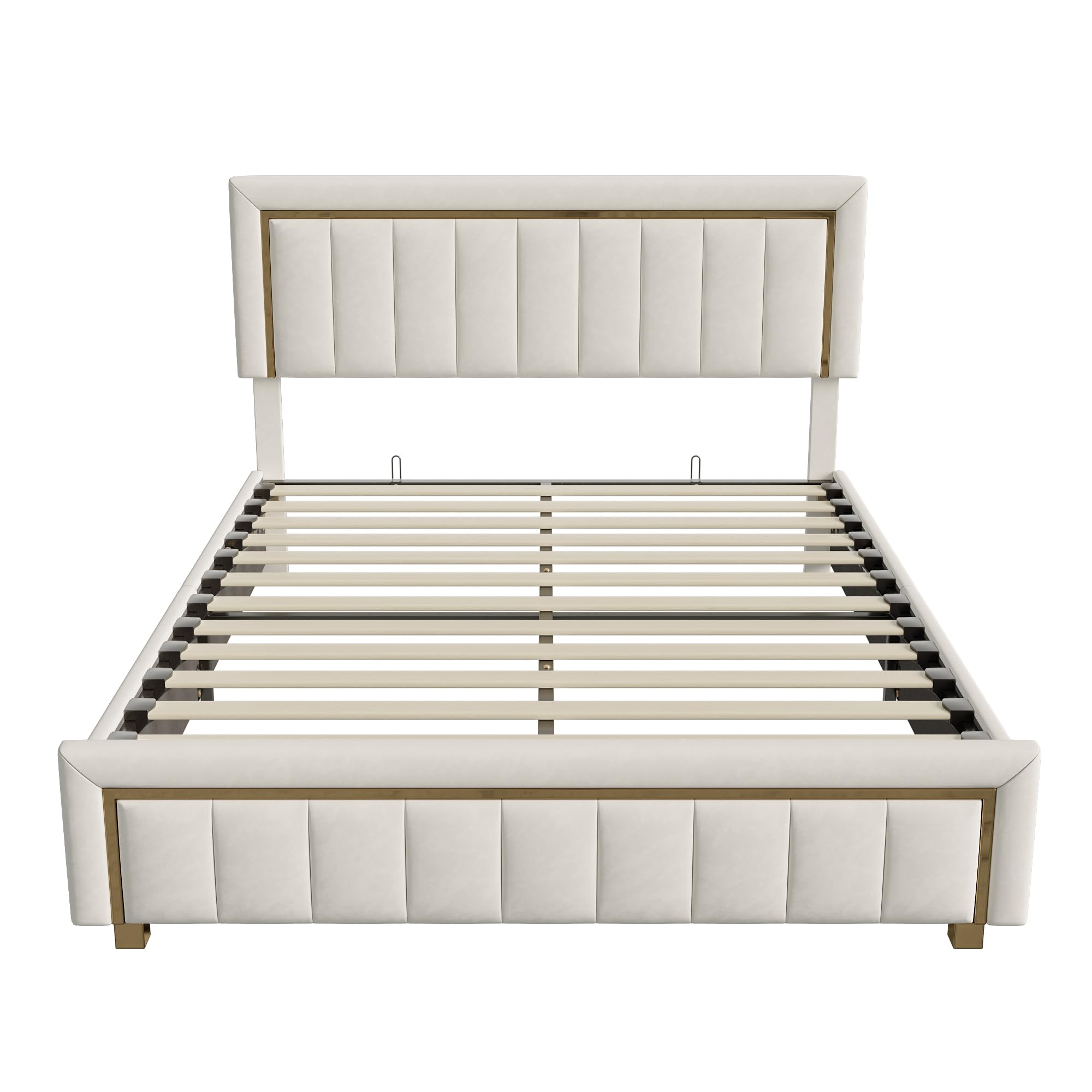 Cama tapizada de 160x200 cm, cabecero de Terciopelo Beige con Ribete Dorado, Cama de Matrimonio con canapé, Apta para Adultos y Adolescentes, colchón no Incluido