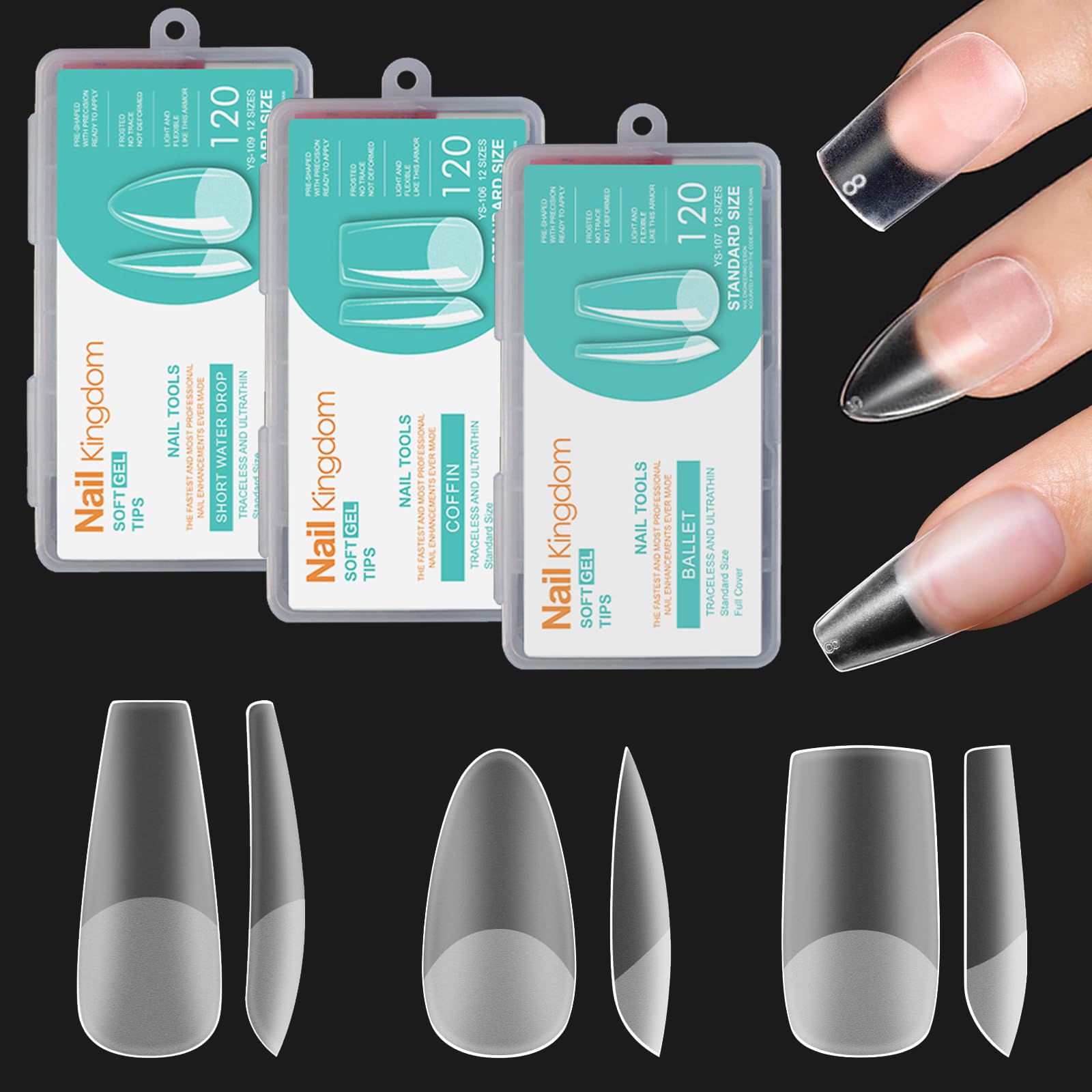 BlueZOO Soft Gel Nail Tips Almond Square Coffin 3 Shapes Kit, 3 Box 360Pcs 3 Shapes - Medium