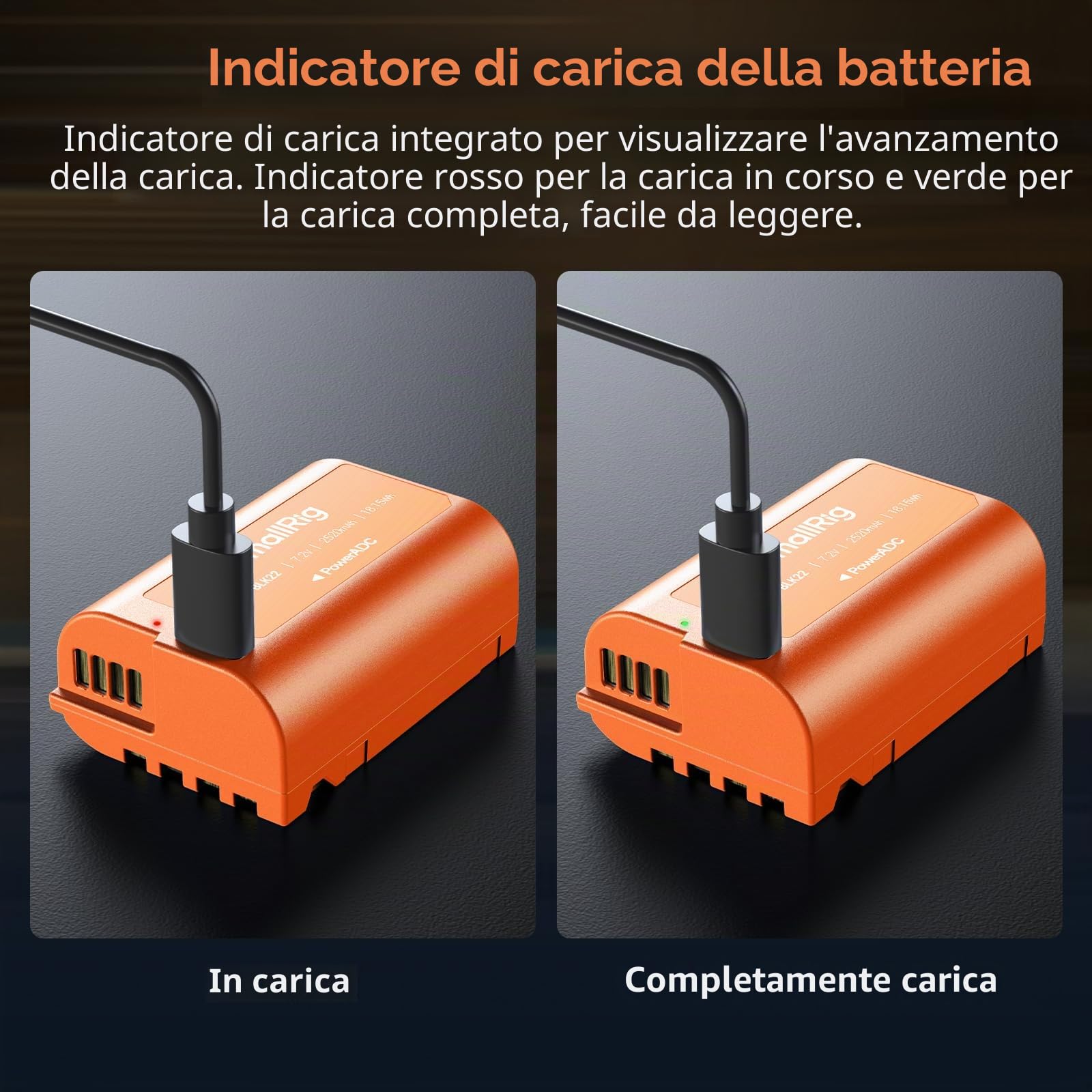SMALLRIG DMW-BLK22 Batteria 2520mAh USB-C Battery Sostitutiva, 2.5H Batteria Completamente Carica per Panasonic LUMIX S5, S5 II, GH7, GH6, S9, S9 II, S5 IIX, Arancione - 4979