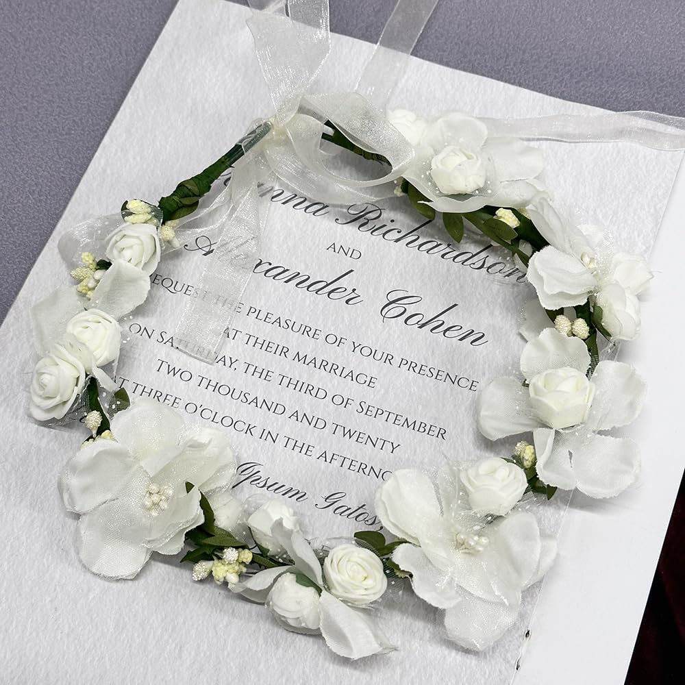 Flower Branch Tiara Crown Headband for Women Cute Fabric Cherry Rose Floral Leaves Hair Accessories Dainty Wedding FlowerGirls Page Boy Flower Wreath Adjustable Ribbon Jewelry(White) - Image 3
