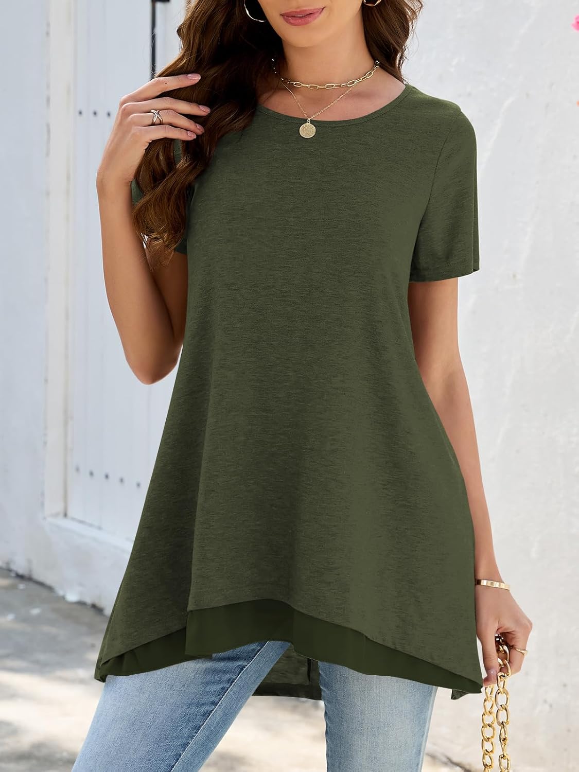 Poetsky Women's Summer Short Sleeve Tunic Tops Casual Loose Blouse Long T Shirts Layered Chiffon Hem with Pockets - Image 2