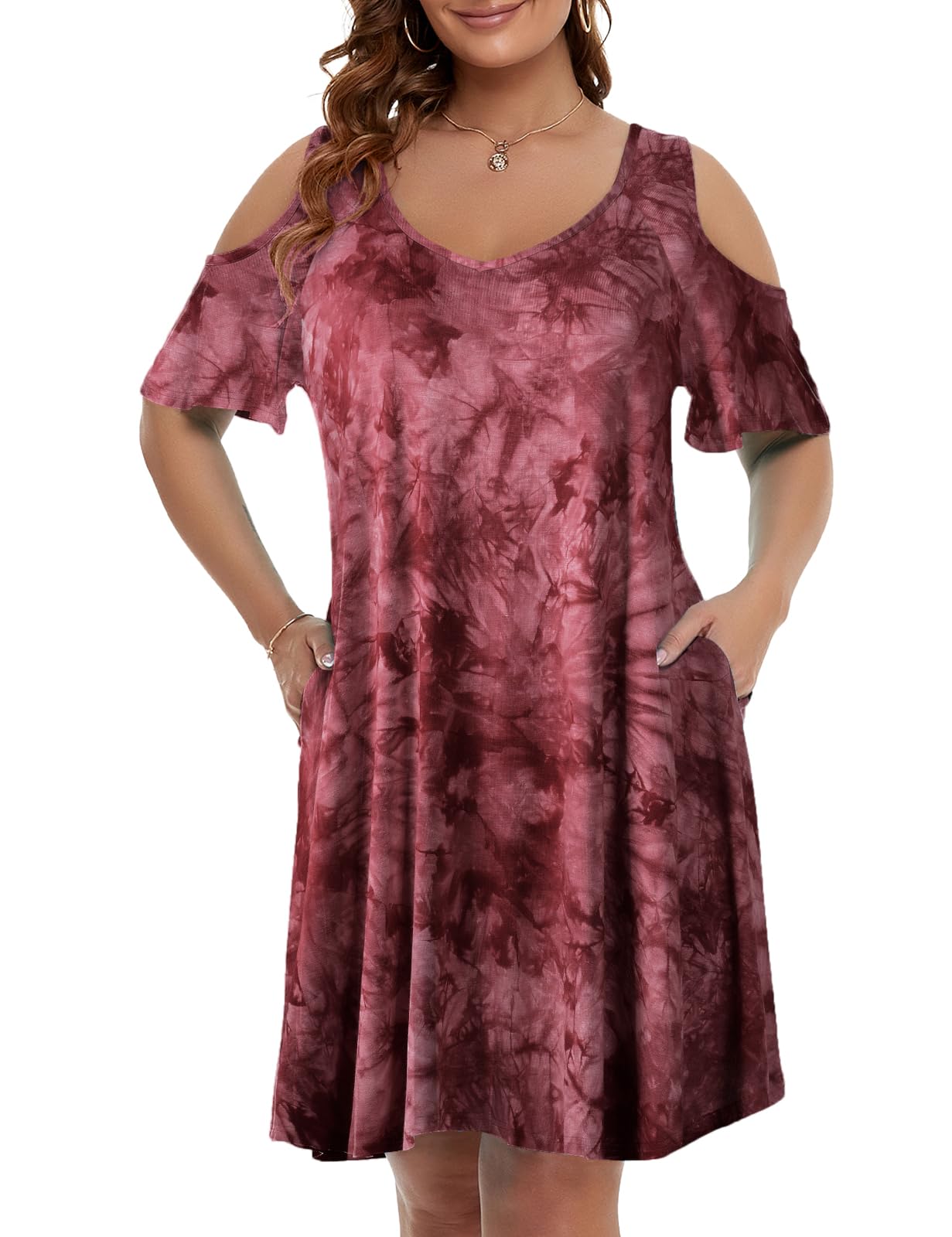 JollieLovin Womens Plus Size Short Sleeve Cold Shoulder V Neck T-Shirt Dress with Pockets