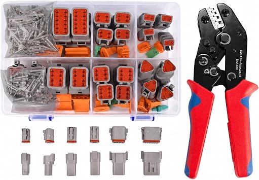 174Pcs 12 Kits DT Connector Kit With Ratcheting Wire Crimper for Deutsch Connector, 2 3 4 6 8 12 Pin Connectors Automotive Electrical Connectors With Size 16 Stamped Contacts IP68 Waterproof