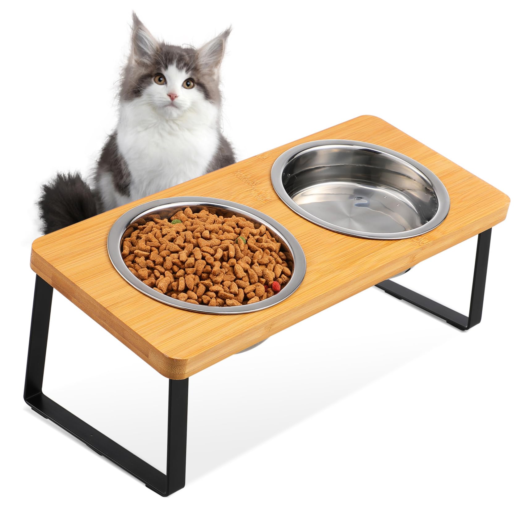 Comedero Elevado para Gatos con Soporte, Doble Cuenco de Acero Inoxidable | Base Antideslizante, Diseño Ergonómico, Uso Interior, Apto para Gato y Perro Pequeño