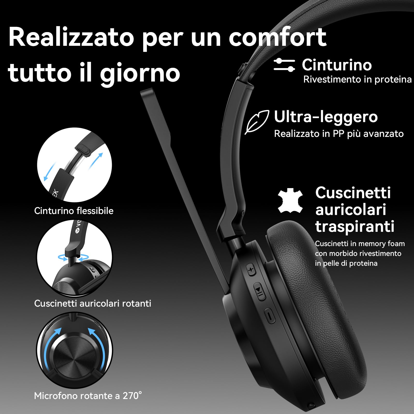 Voistek Cuffie Wireless Bluetooth 5.3 Con Microfono ENC, 50+ Ore Di Autonomia, Dongle USB-A, Connettività Multipoint, On-ear Per Ufficio E Smart Working