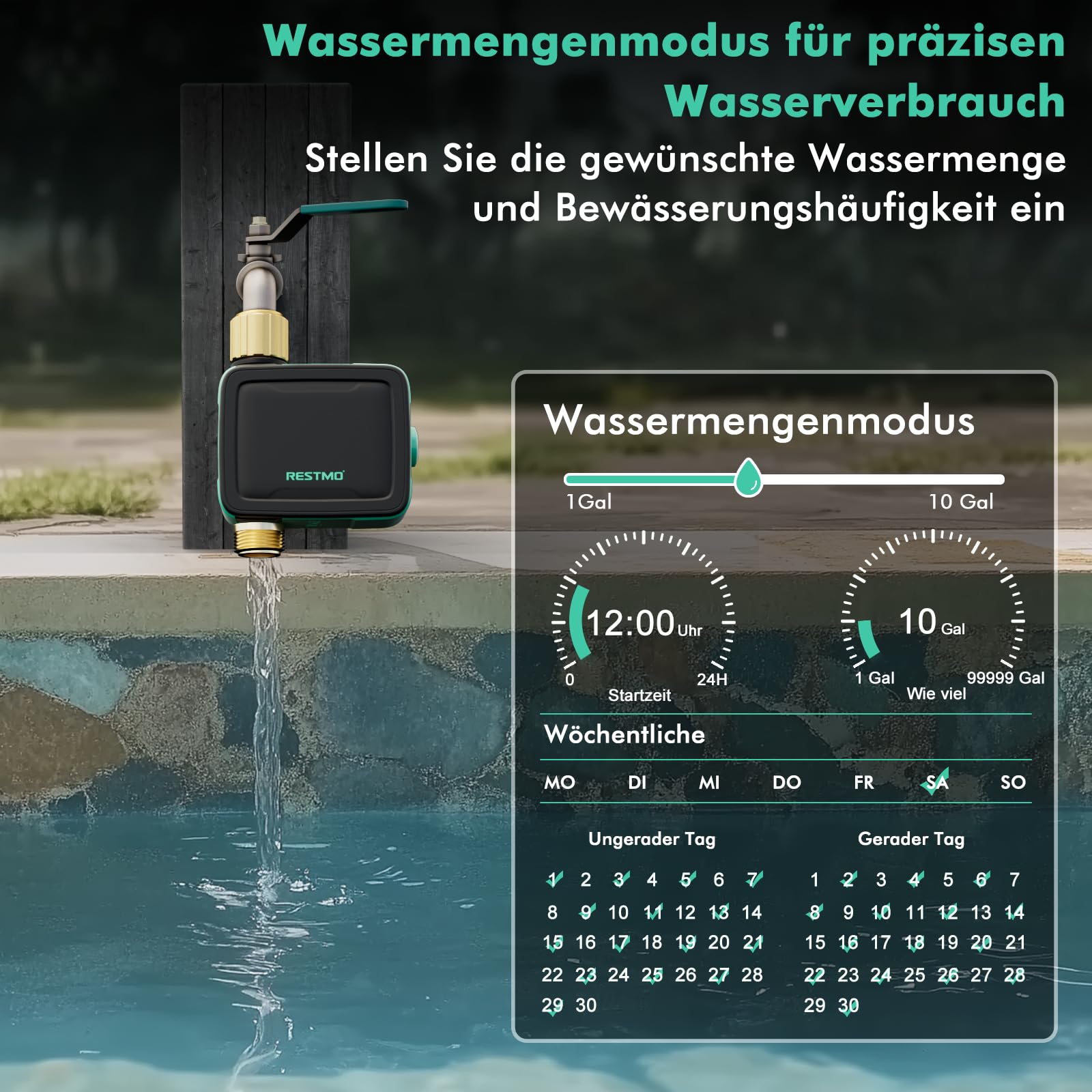 RESTMO Bewässerungscomputer 1 Ausgänge, Bluetooth Bewässerungstimer | App-Steuerung, 3 Modi (auto/manuell/Regenpause), bis zu 11:59 Std. Bewässerung, für Garten & Rasen