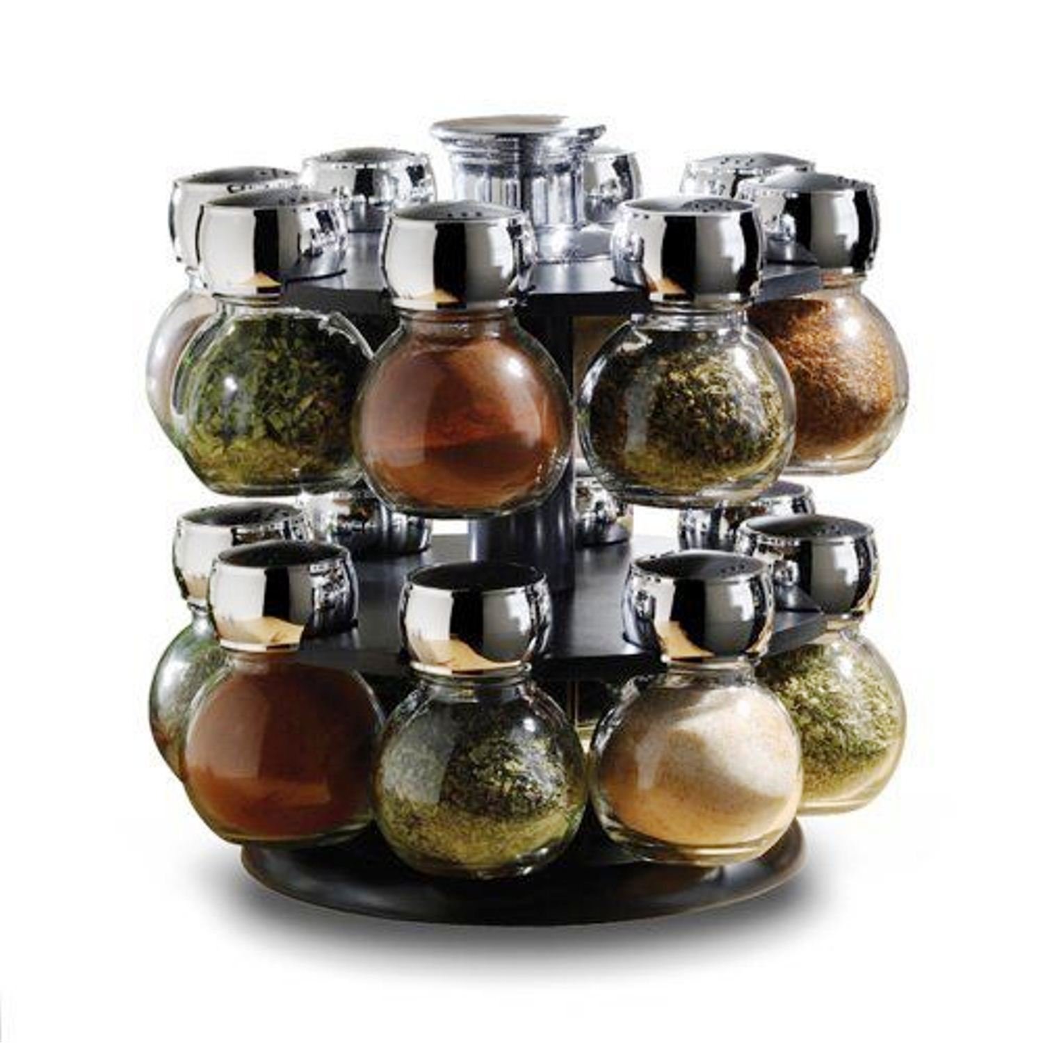 Saving Basket 16Pc Glass And Metal Storage Bulb Shape Black Rotating Revolving Spinning Carousel Spice Herb Rack Glass Jars