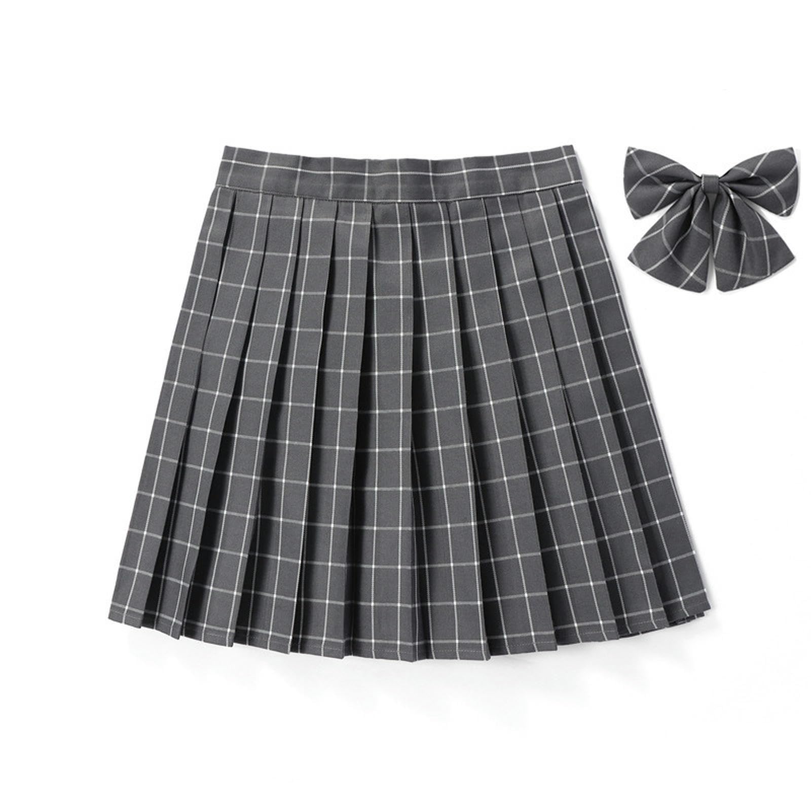 Falda A Cuadros Uniforme Escolar Falda Plisada De Rendimiento Falda De Media Longitud para Estudiantes Falda A Cuadros Pequeña Gris Suave para Niña + Pajarita-XS (Cintura 62 CM)