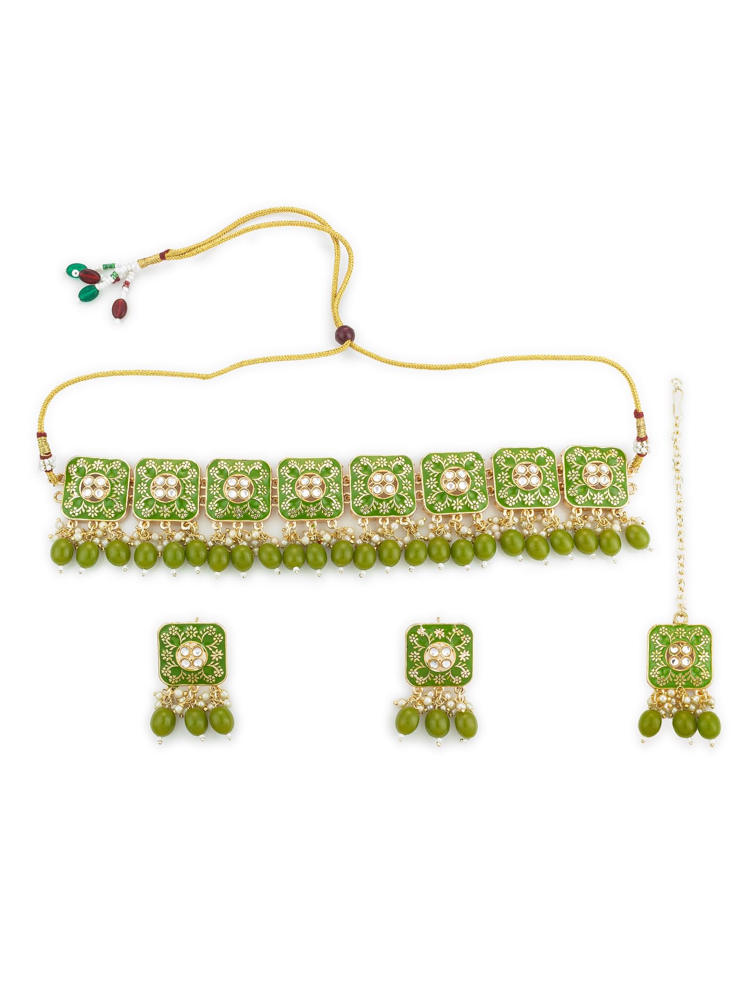 Green Kundan Choker Necklace Set for Women | Gold Plated Brass Traditional Jewellery Set with Earrings & Maang Tikka | Trendy Ethnic Bridal Necklace | Ideal Festive Gift Choice (NK3979)-image-45