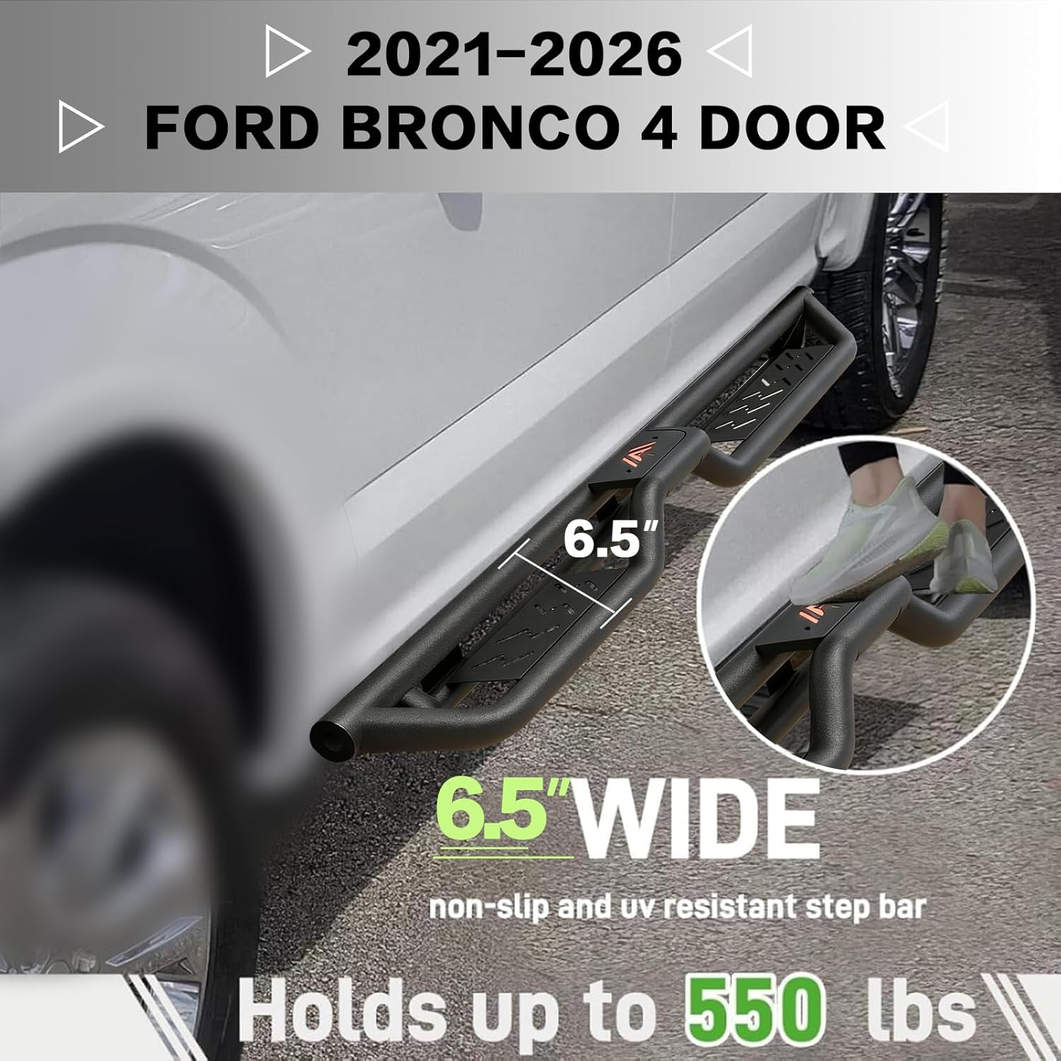 Drop Step Running Boards for 2021-2026 Ford Bronco 4 Doors (Not for Sport Model) Two-Stairs Side Step Rails Coated Black Carbon Steel Drop Step Nerf Bars Bolt-on Step Plates Rock Sliders Rail