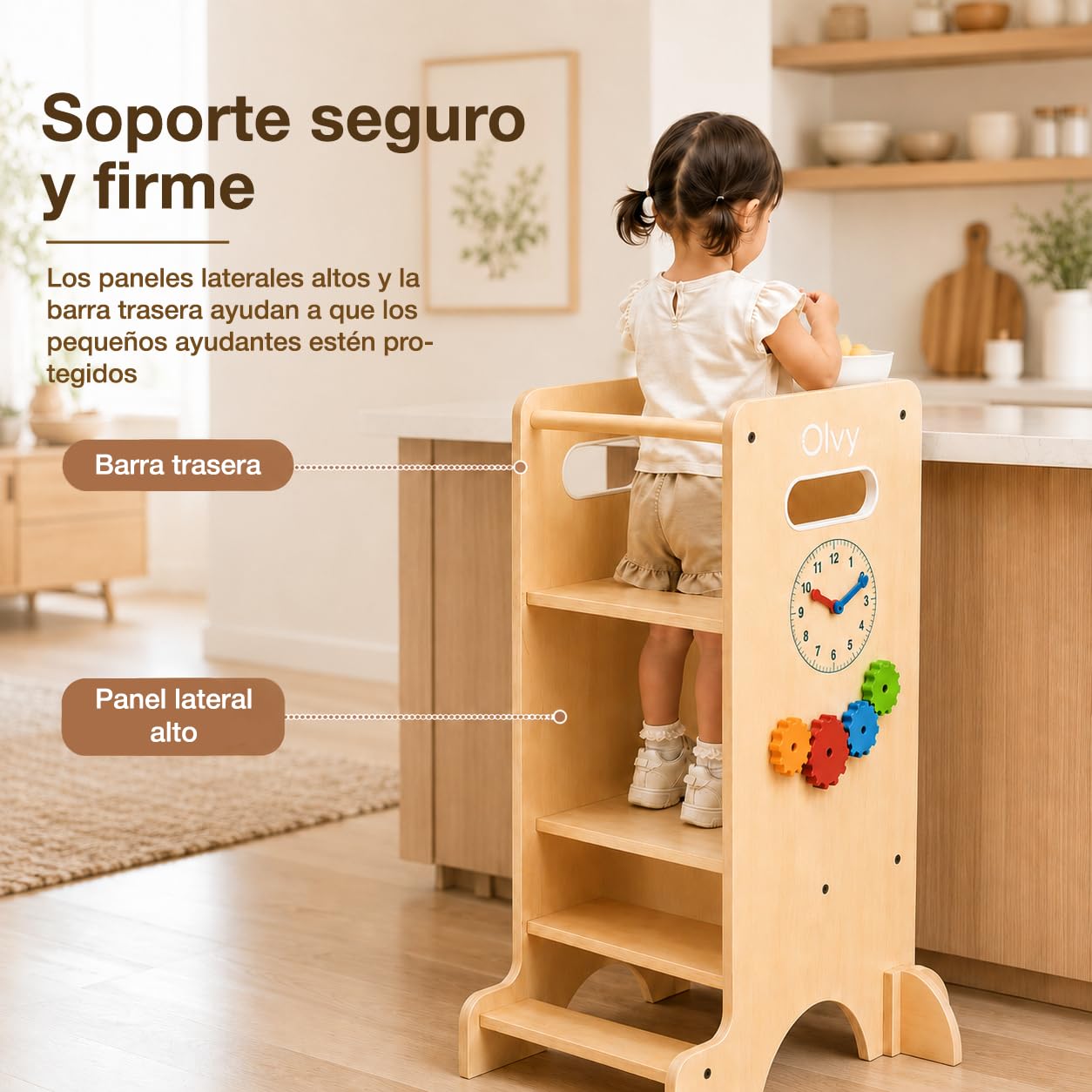 Olvy Torre de Aprendizaje 4 en 1 para Niños con Base Reforzada Cross-Brace, Tobogán con Ranura en Ángulo Recto, Pasamanos sin Clavos Visibles, Pizarra y Panel Montessori de Madera