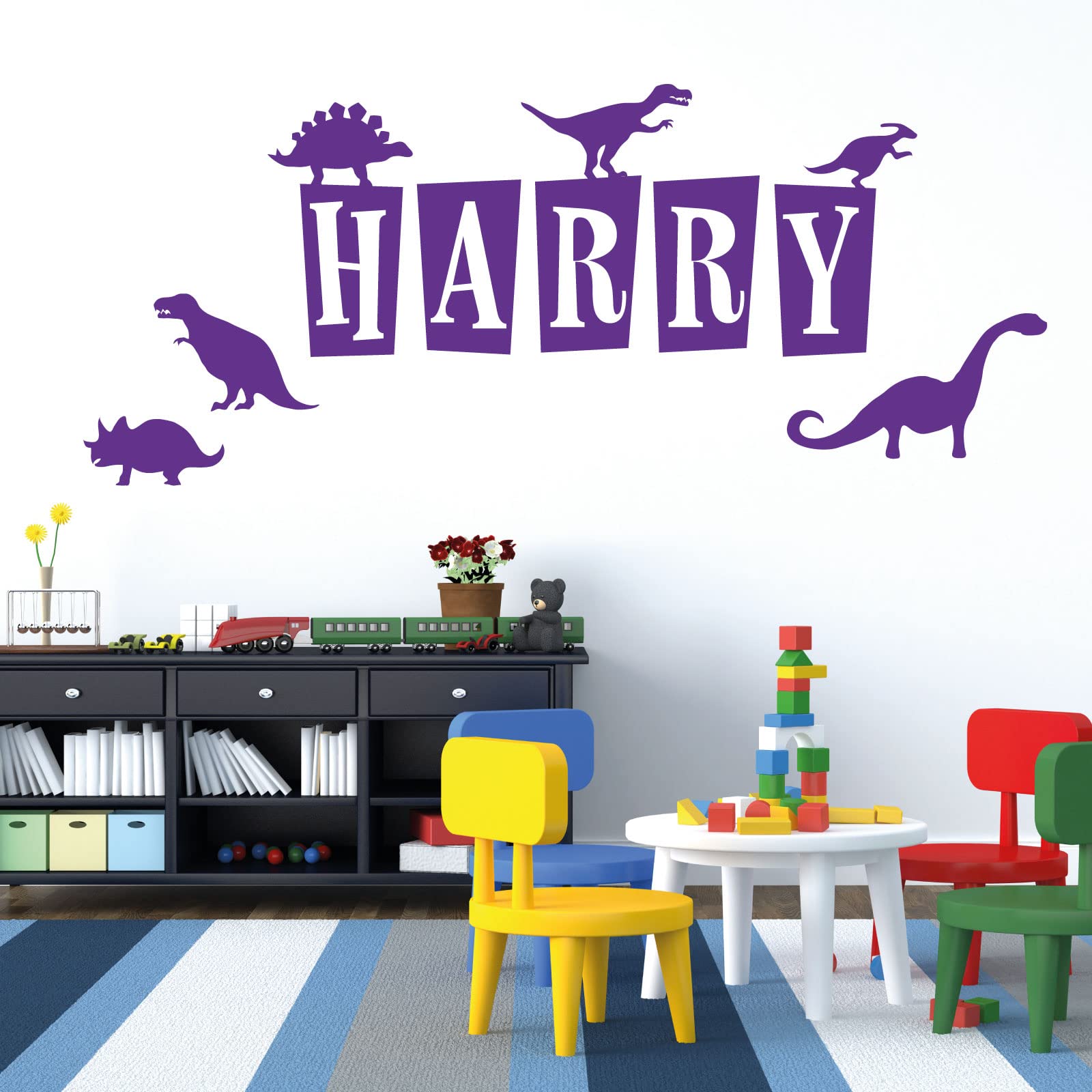 Personalised Name - Dinosaurs, T-Rex, Apatosaurus, Jurassic Era - Children's Bedroom Vinyl Wall Decal Sticker [Medium] [Purple]
