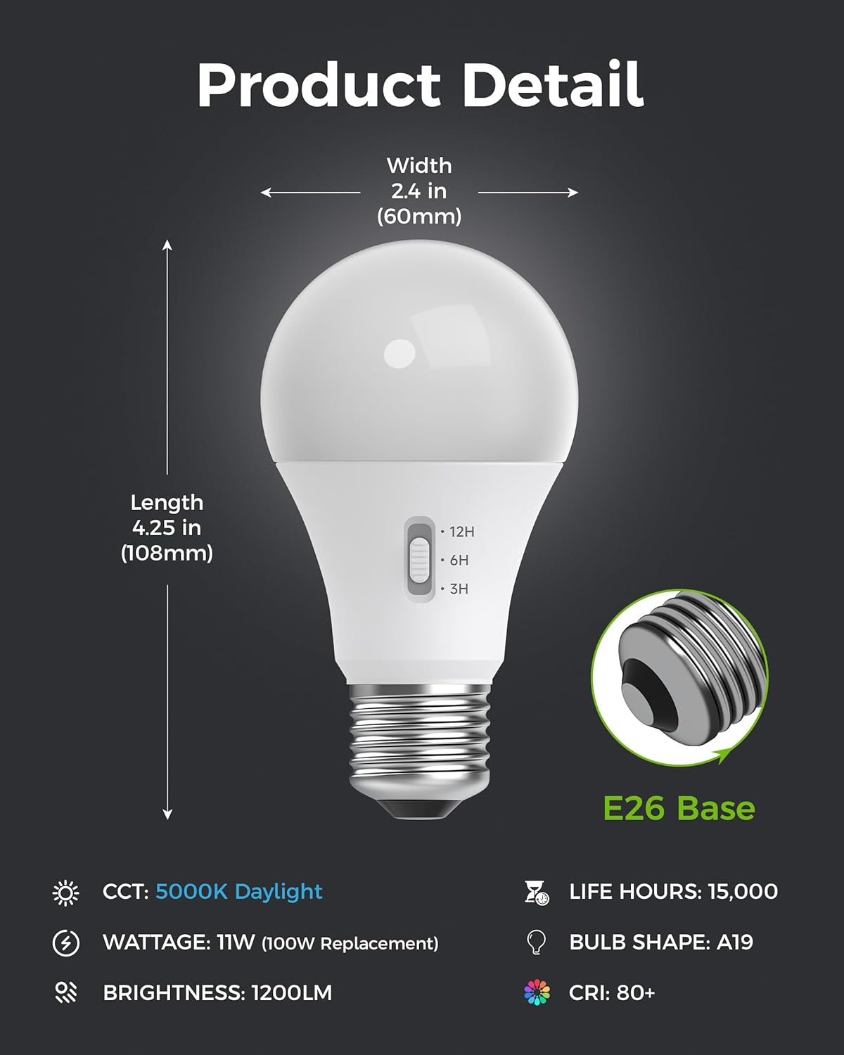 Timer Light Bulb, A19 Equivalent 100W LED Bulb, 12/6/3H Built-in Automatic Timer, 11W 5000K Daylight, 1200LM, E26 Base, Non-Dimmable, Auto On/Off for Outdoor & Indoor Security, 4 Pack