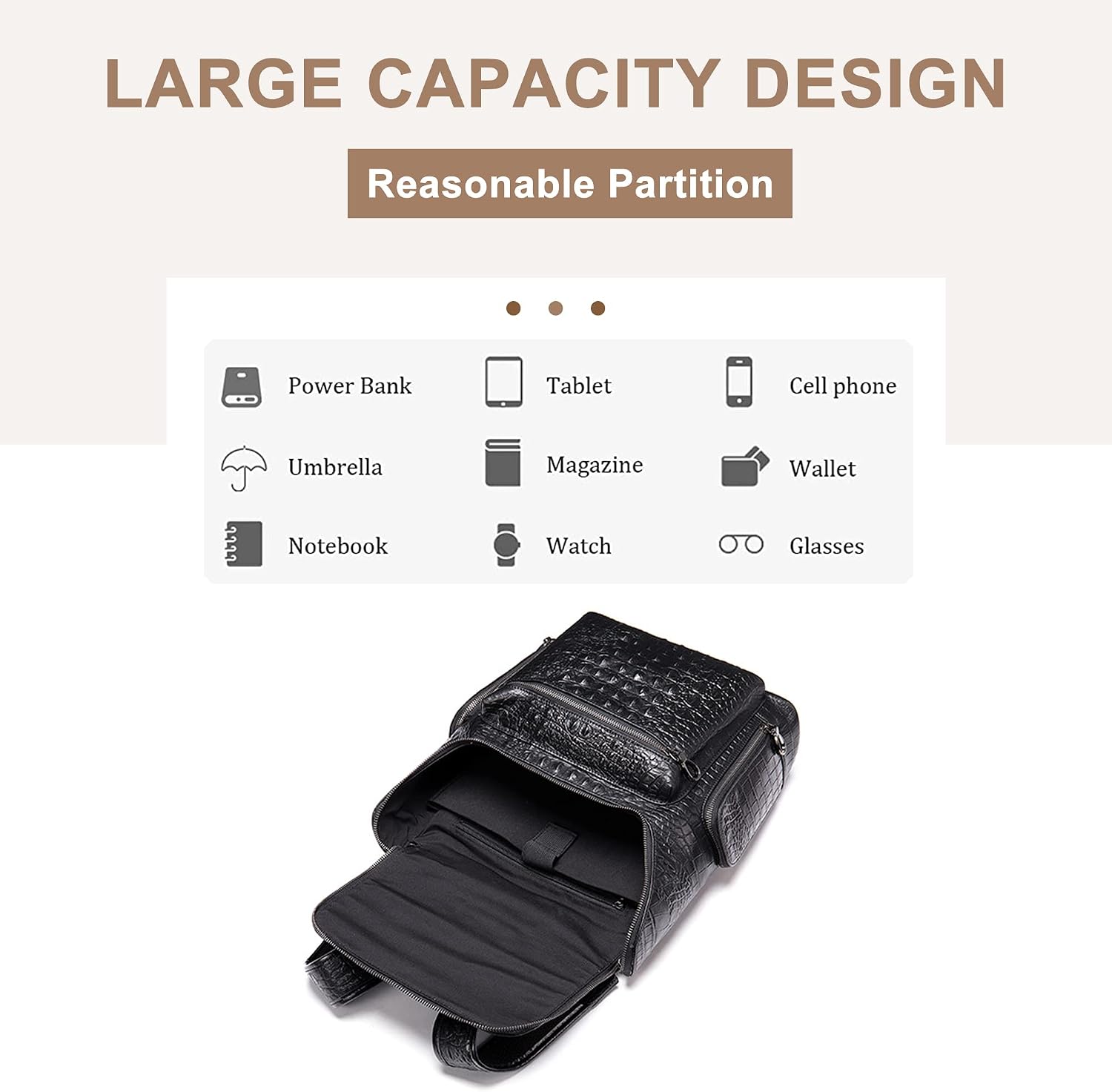 Genuine Leather Backpack For Men, Vintage Crocodile Leather Large Capacity Shoulder Bags for Office Travel Outdoor Weekend