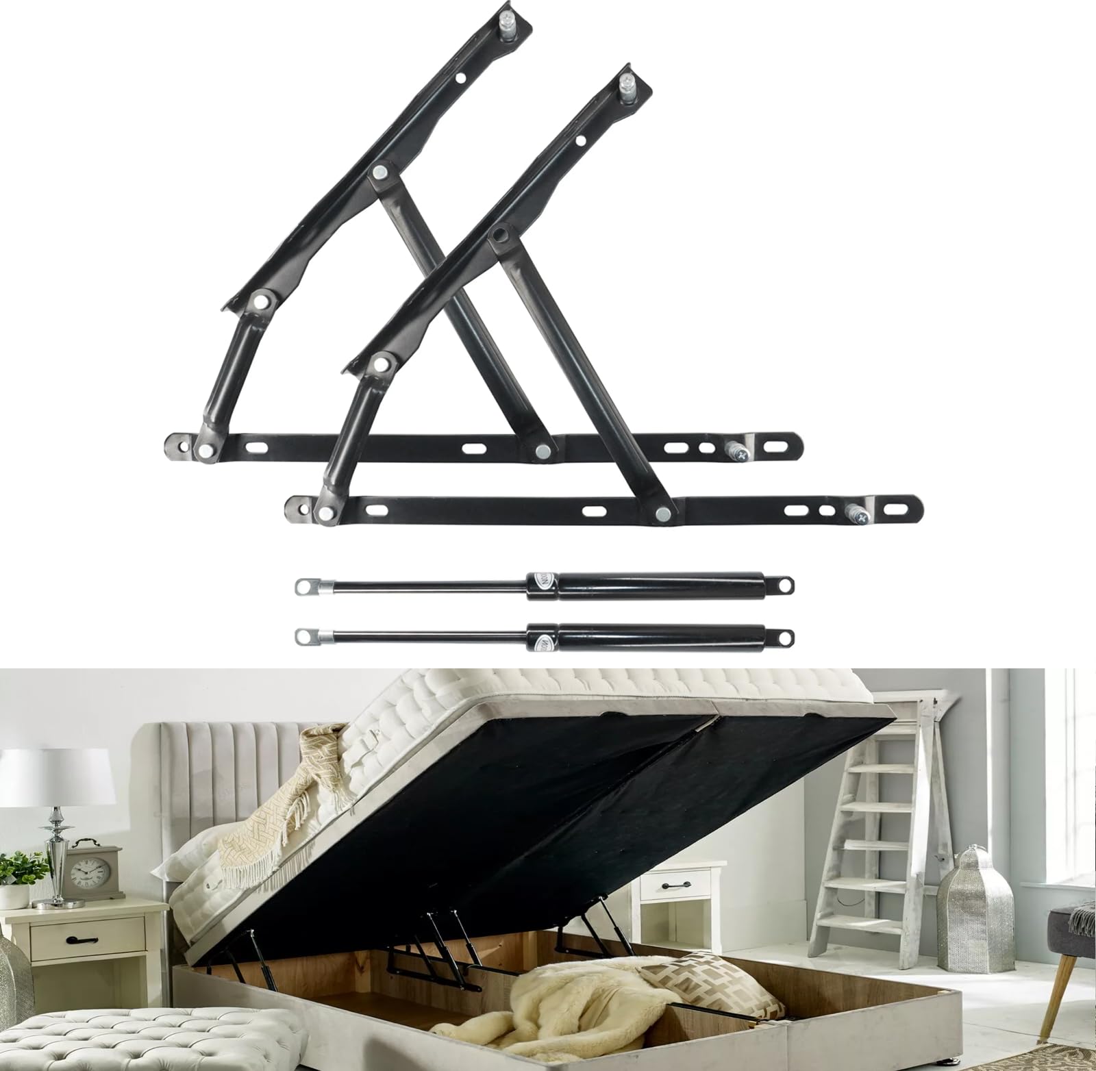 Heavy Duty Hydraulic Storage Bed Lift Mechanism – 85kg Weight Capacity, Foldable Spring Hinge Design for Mattress Box & Sofa Bed Space-Saving 2-Pack Set