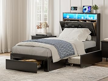 Upholstered Twin XL Bed Frames with Storage Drawers, Black