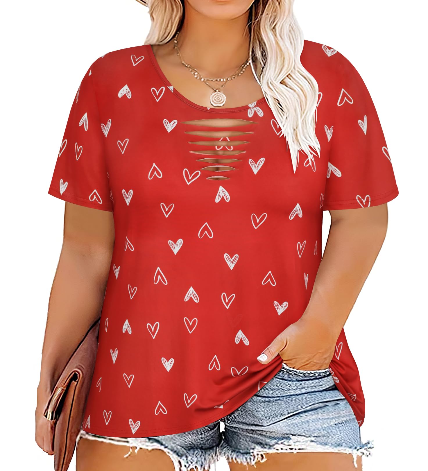 CARCOS Plus Size Tops for Women Short Sleeve Shirts Basic Tee Solid Color Blouse V Neck Tunic Loose Fit Tshirts Summer XL-5XL