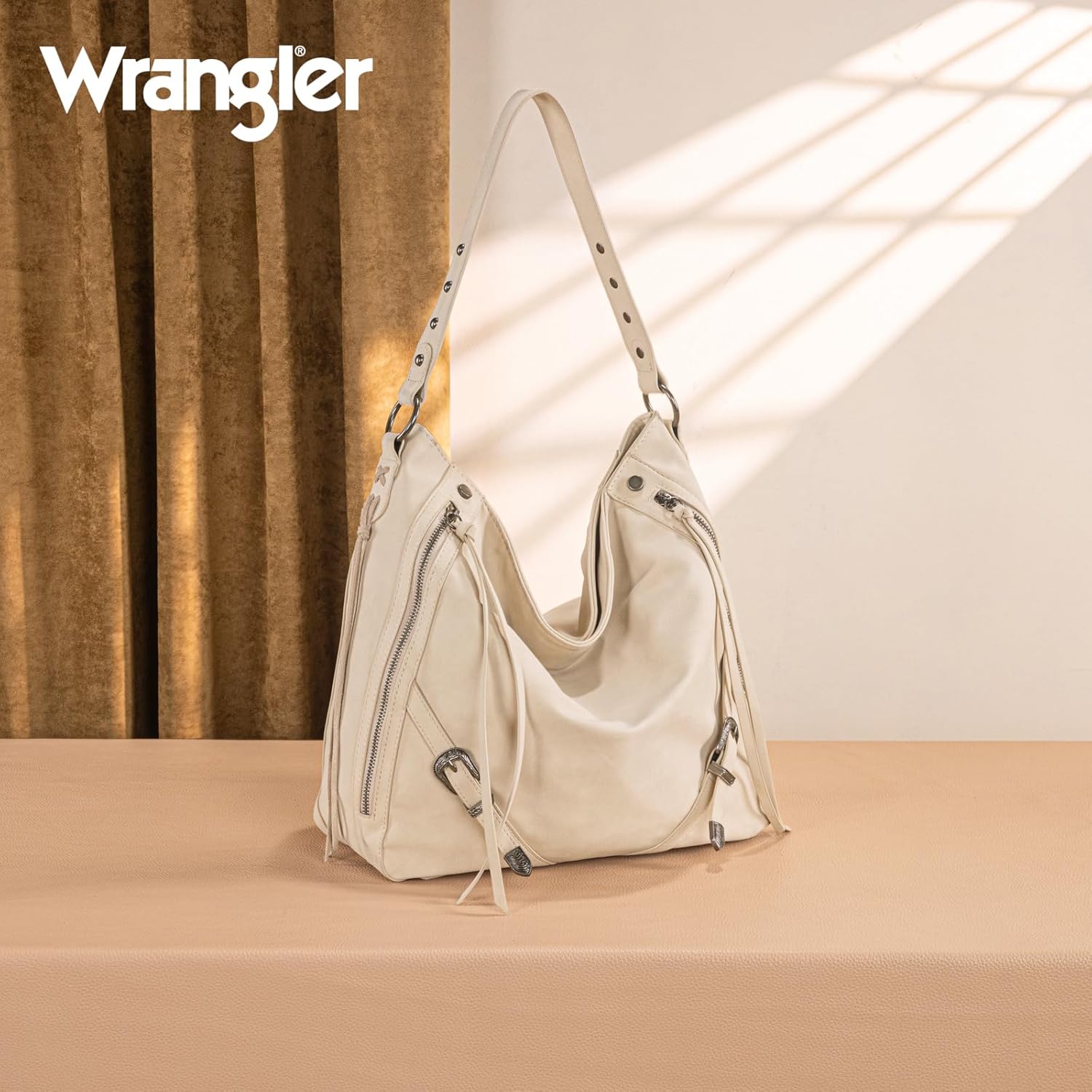 Wrangler Large Hobo Purses and Handbags for Women with Buckle and Fringe Zipper Faux Suede Shoulder Bag - Image 3
