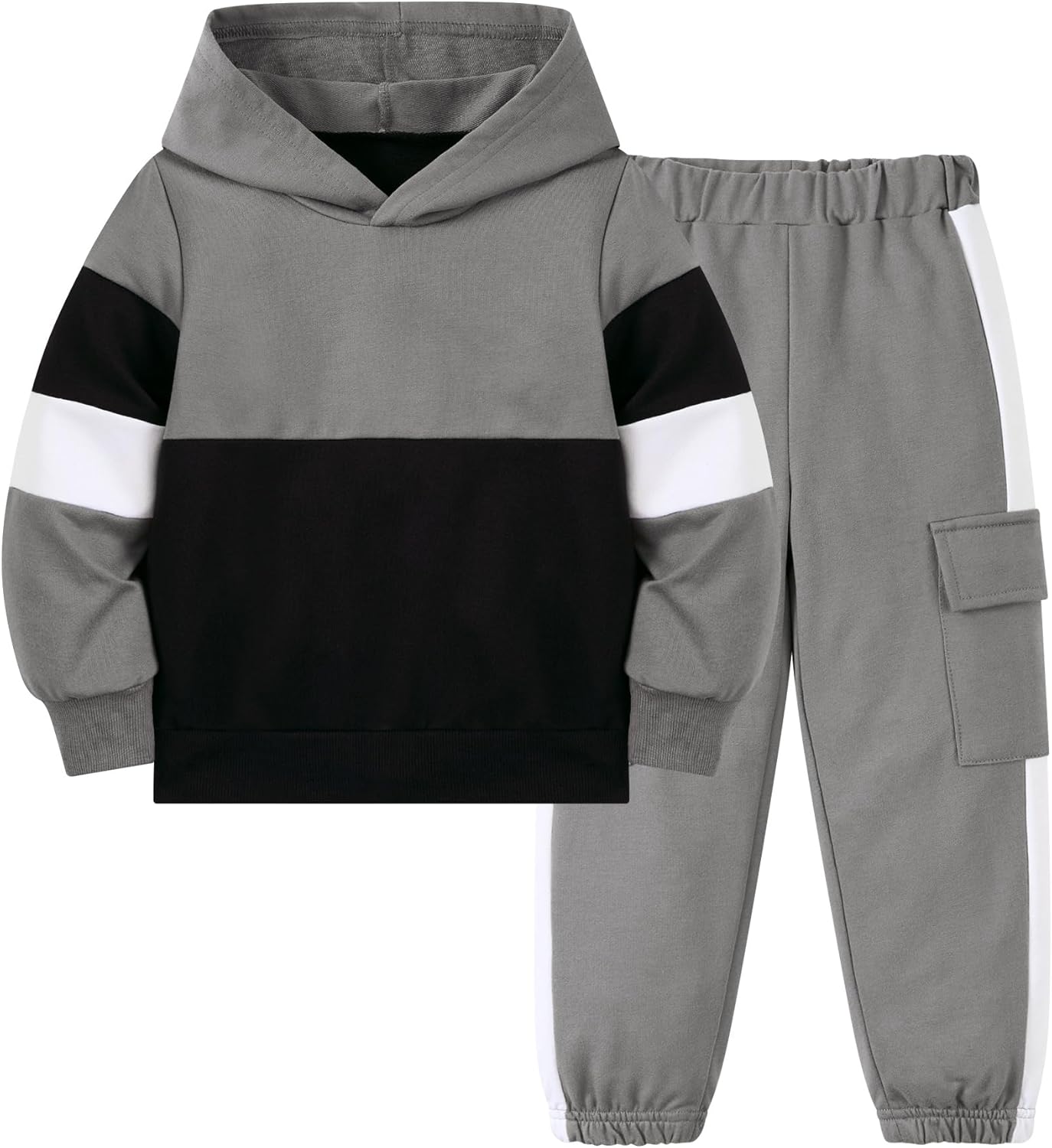 UNICOMIDEA Toddler Boy Clothes Hoodie Sweatsuit Color Block Tops & Cargo Pants Outfit Winter Kids 2pcs Sweatshirt Sets 2-6Y Grey 5-6 Years