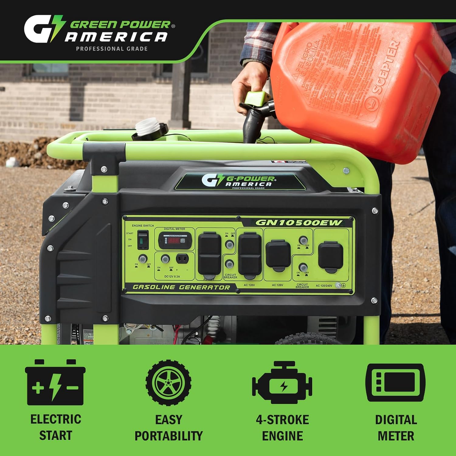 Green-Power America 10500 Watt Gasoline Powered Generator, Electric & Recoil Start, 120V/240V, 12V/8.3A Outlet, Whole House Backup, RV & Job Site Ready, EPA Approved