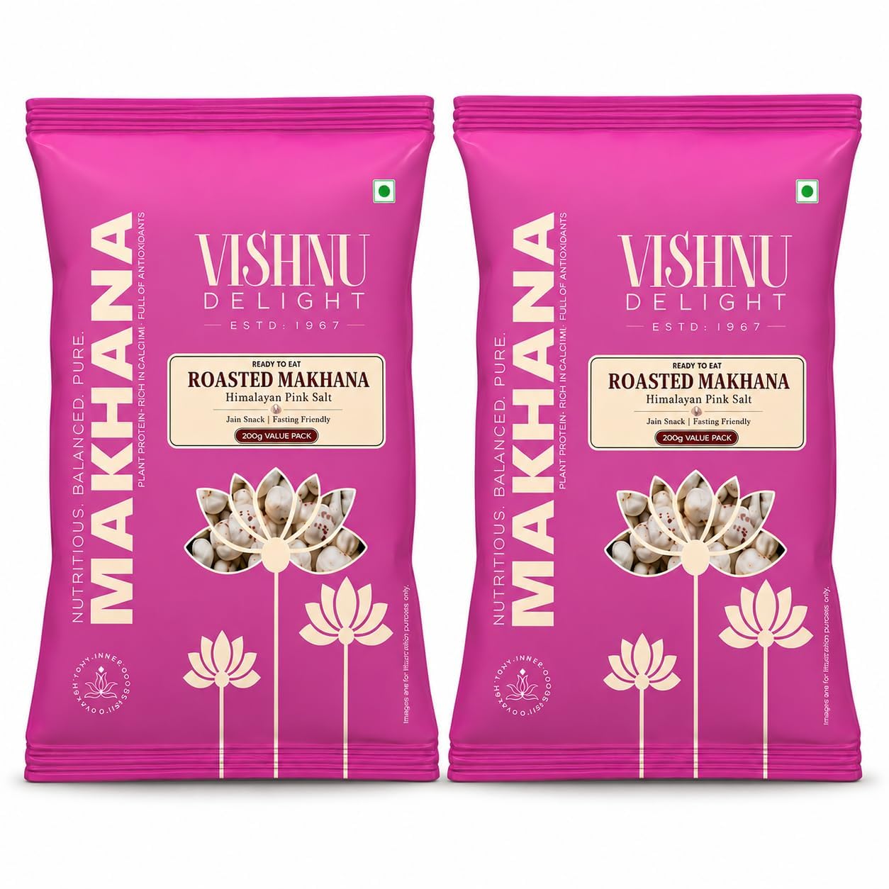 Vishnu Delight Roasted Makhana, Himalayan Pink Salt | Light & Crunchy Roasted Foxnuts (Phool Makhana) | Roasted Not Fried, Jain Friendly, Ready To Eat Snack | 200gm each (Pack of 2)