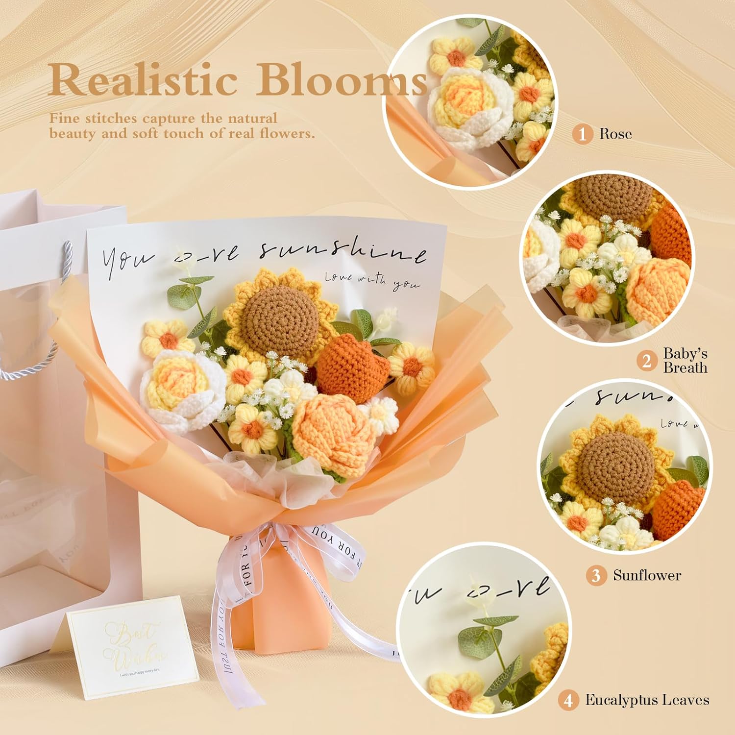 Champagne Series Crochet Flower Bouquet – Handmade Sunflower, Rose & Tulip Crocheted Flowers for Home Decor, Mother’s Day, Valentine’s, Birthday – Gift Bag & Card Included