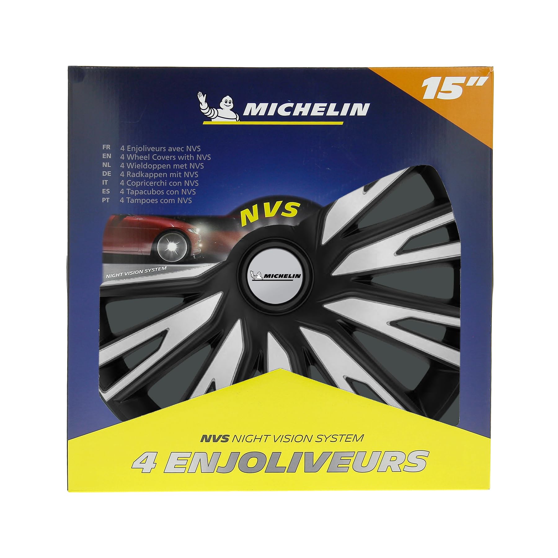 Michelin 4 Copricerchi Auto Argento & Nero 15 pollici - Sistema NVS Night Vision Security - Universali Fissaggio Facile