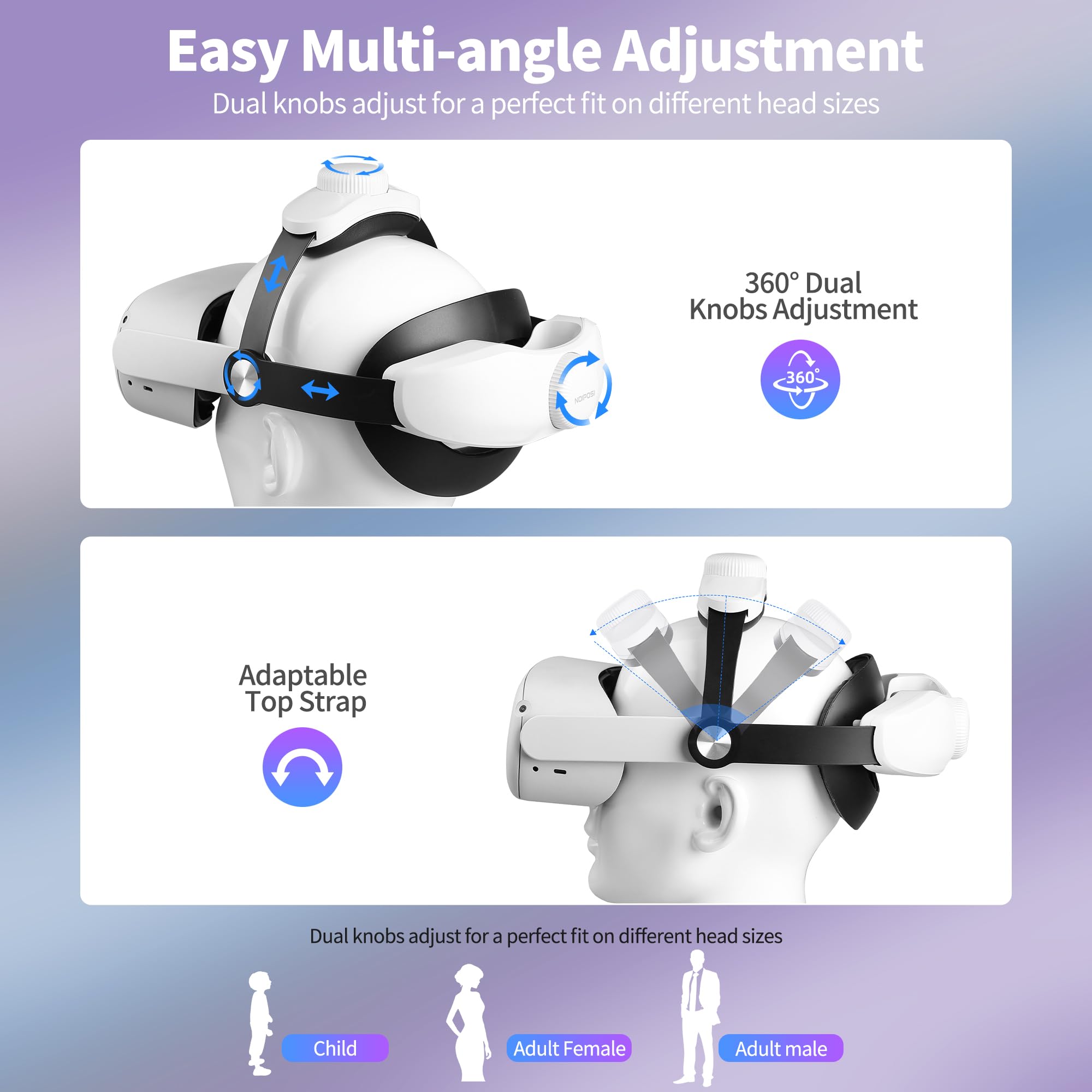 Noiposi Head Strap for Meta Quest 3s/3/Quest 2,Adjustable Knob Elite Strap Replacement,VR Headset Accessories Strap Enhanced Support&Comfort& Extend Playtime(Battery sold separately) — view 3
