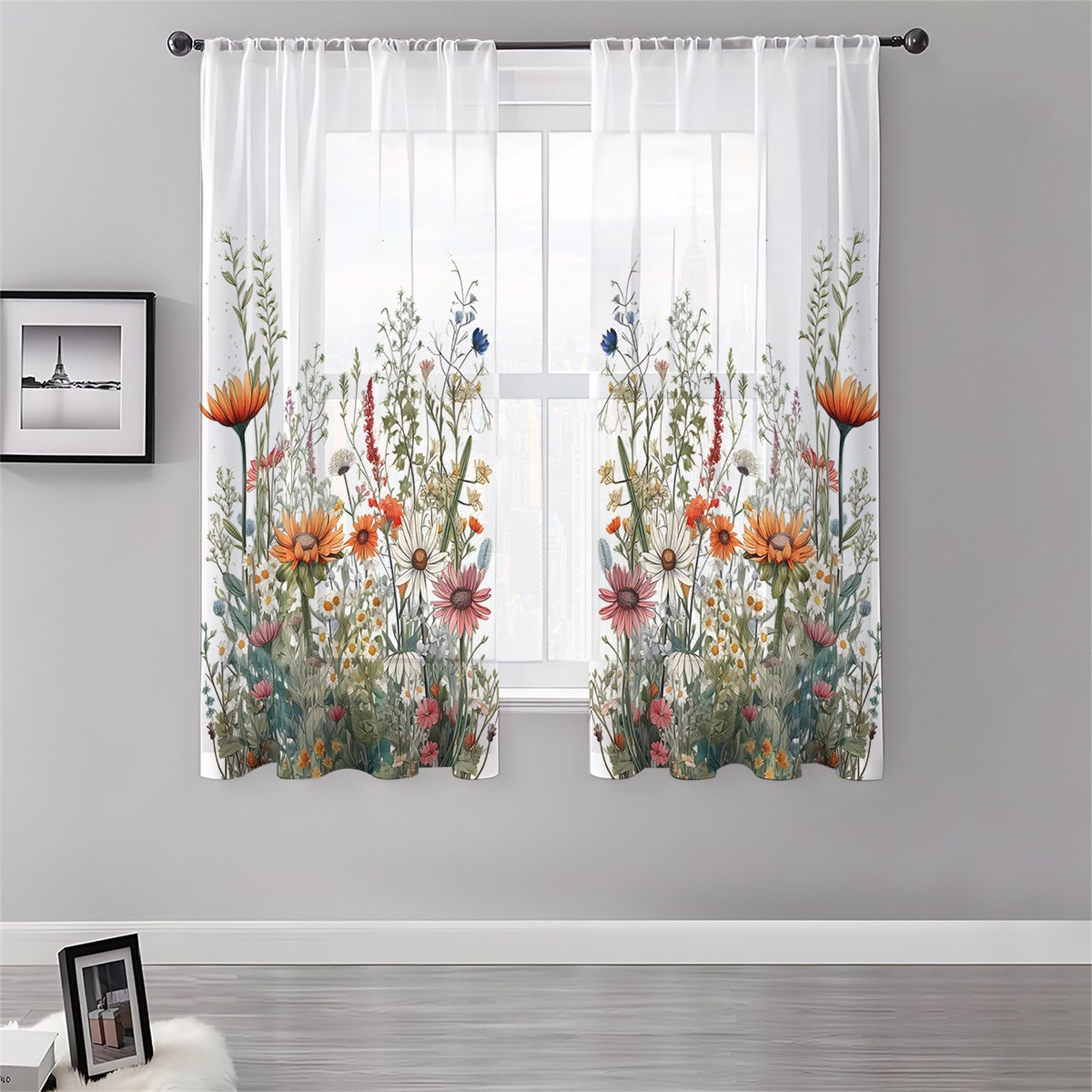Surwin Net Curtains for Windows, Voile Curtain, 2 Panels Floral Plant Prints with Eyelets, Semi Transparent Lightweight Voile Panel for Living Room Bedroom Balcony Decorative (Daisies,130x241cm)