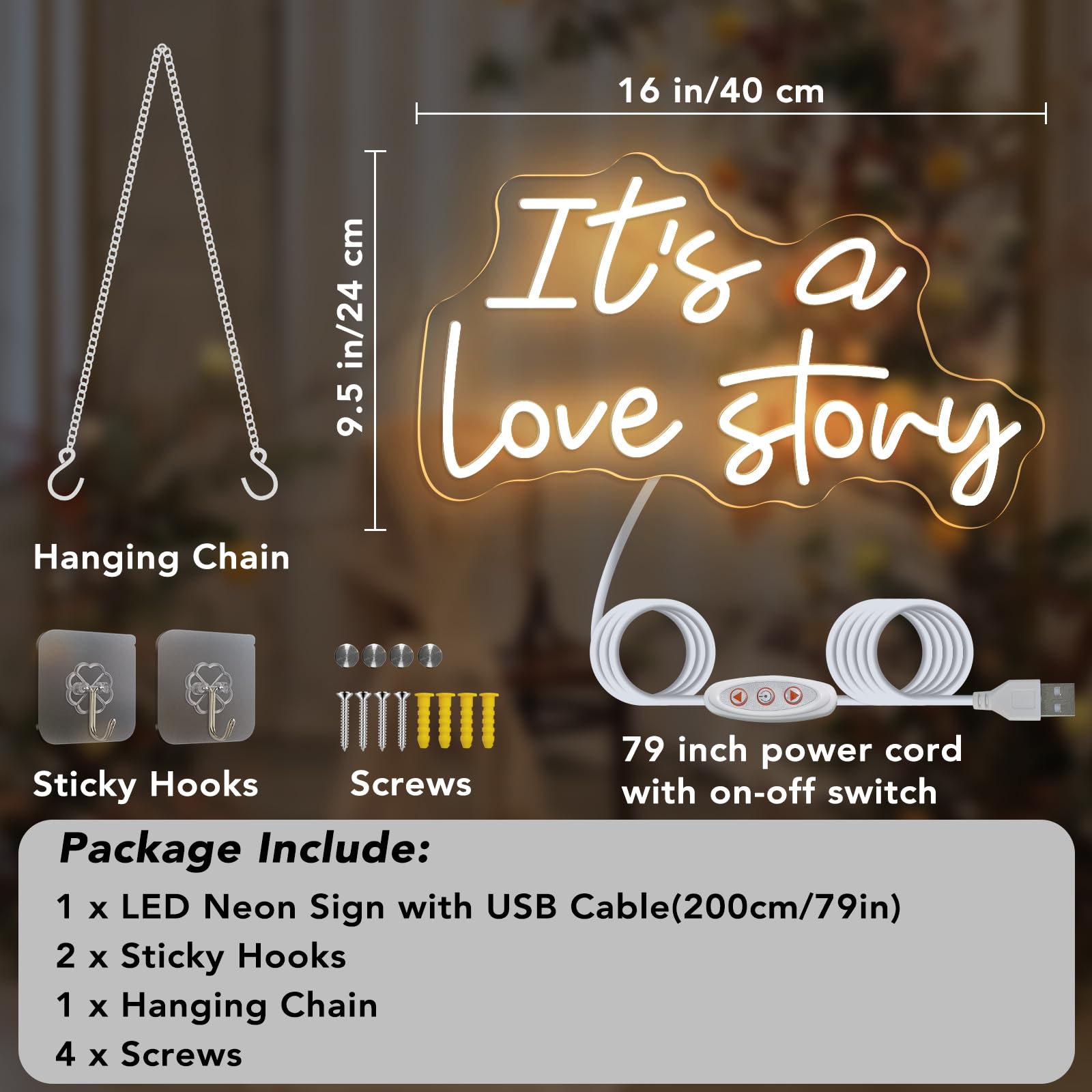 Neonowy znak LED "It's a Love Story", ciepłe białe światło