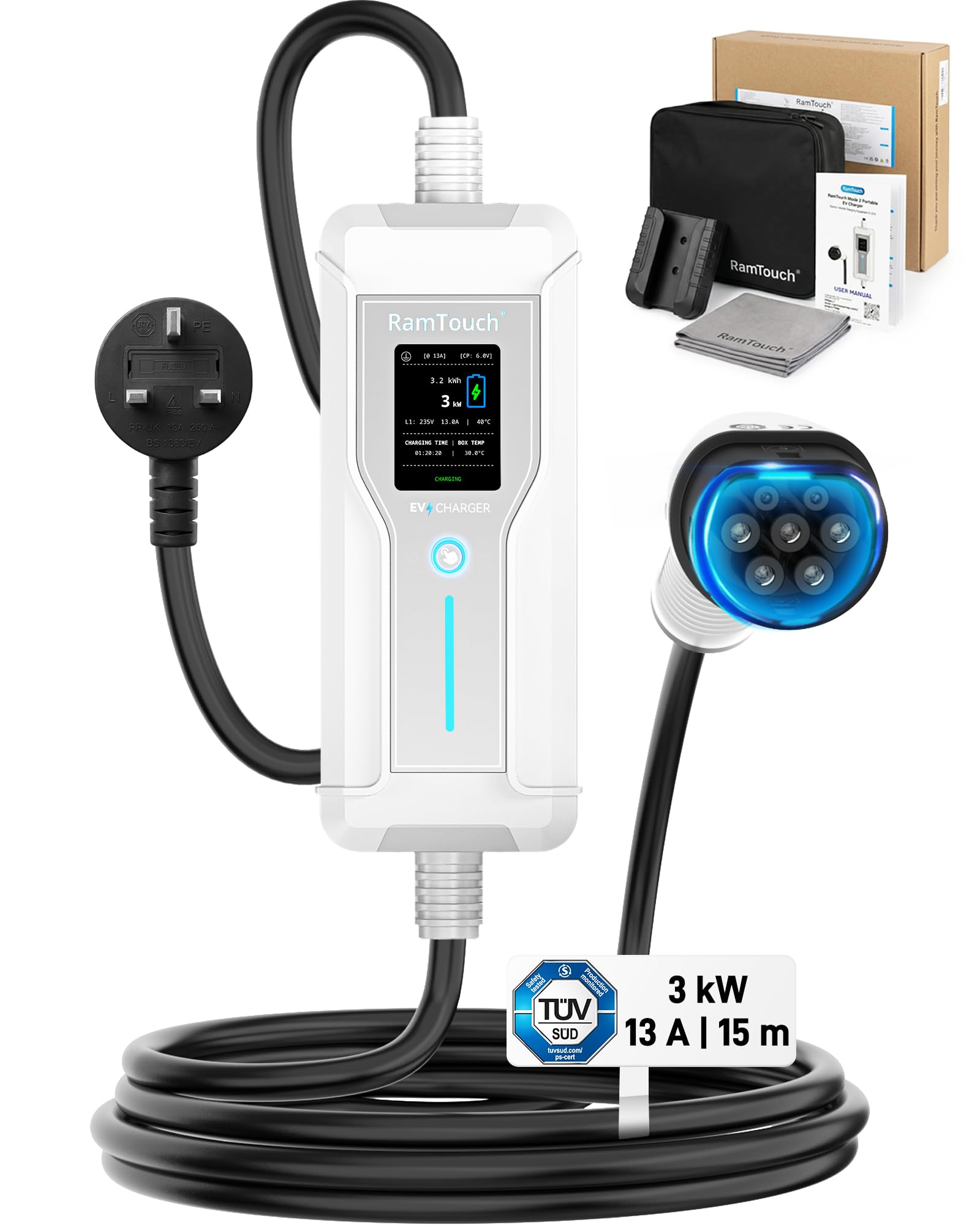 RamTouch Portable EV Charger (3 kW, 13 A, 15 m, IP67) | UK 3-Pin Plug to Type 2 | Mode 2 Granny Charging Cable with Adjustable 6A–13A, Smart Timer & LCD Display, AC/DC RCD Protection for EVs & PHEVs - 2