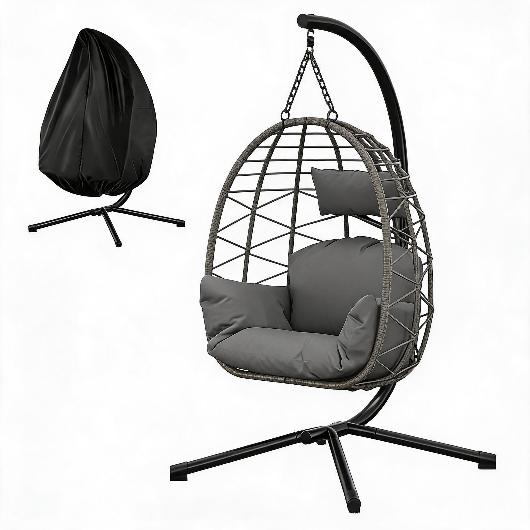 Hängesessel mit Gestell, Gartenmöbel mit Polyrattan,Metallgestell | 360° 150kg Tragkraft, Schaukelstuhl Outdoor mit Dicke Kissen, für Garten, Balkon, Terrasse
