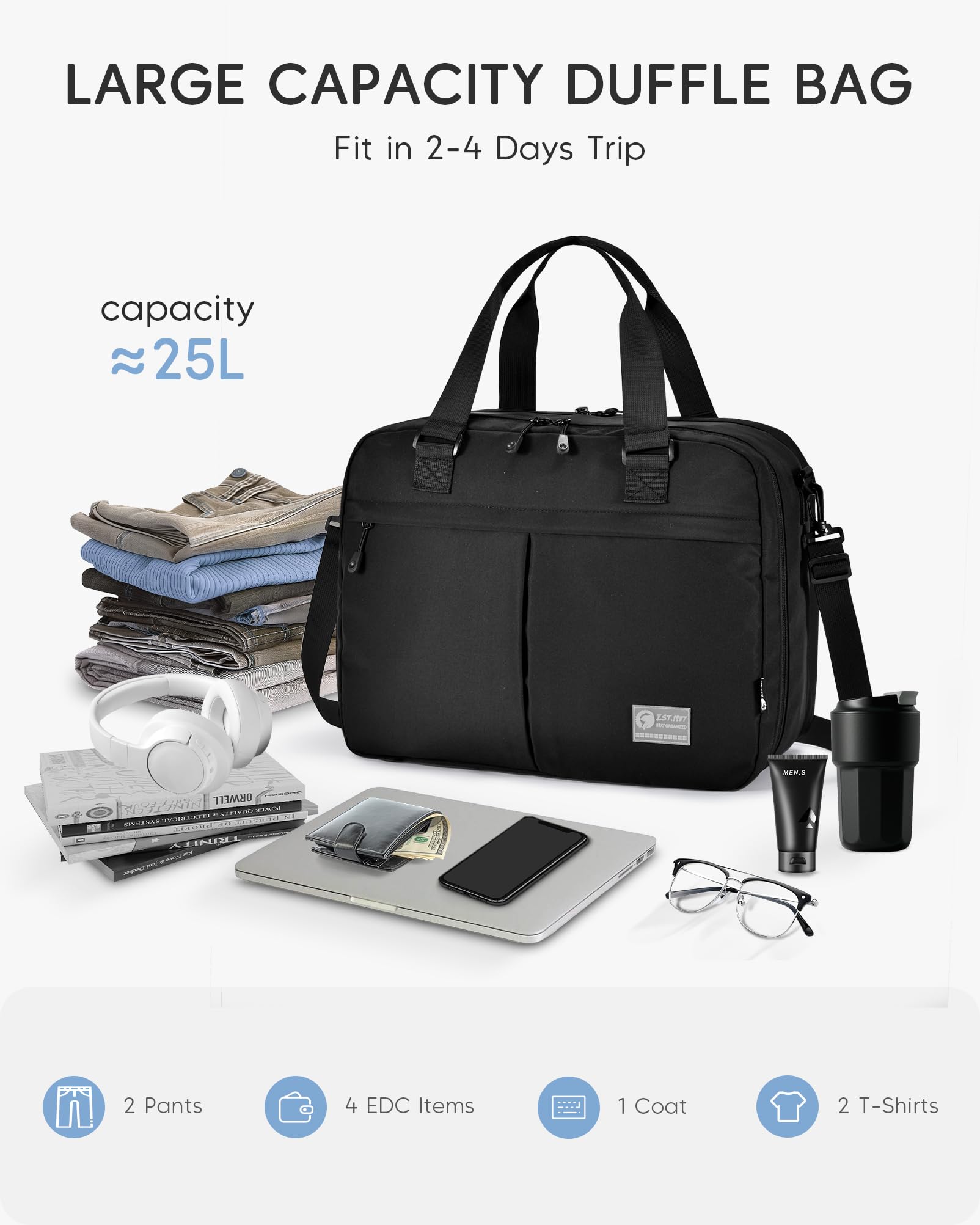 6x13x17 inch Personal Item Bag 180° Wide Open 43x33x15cm Carry on Duffel Bag with Laptop/Wet Pocket Flight Approved Weekender Overnight Bag, Black — view 4