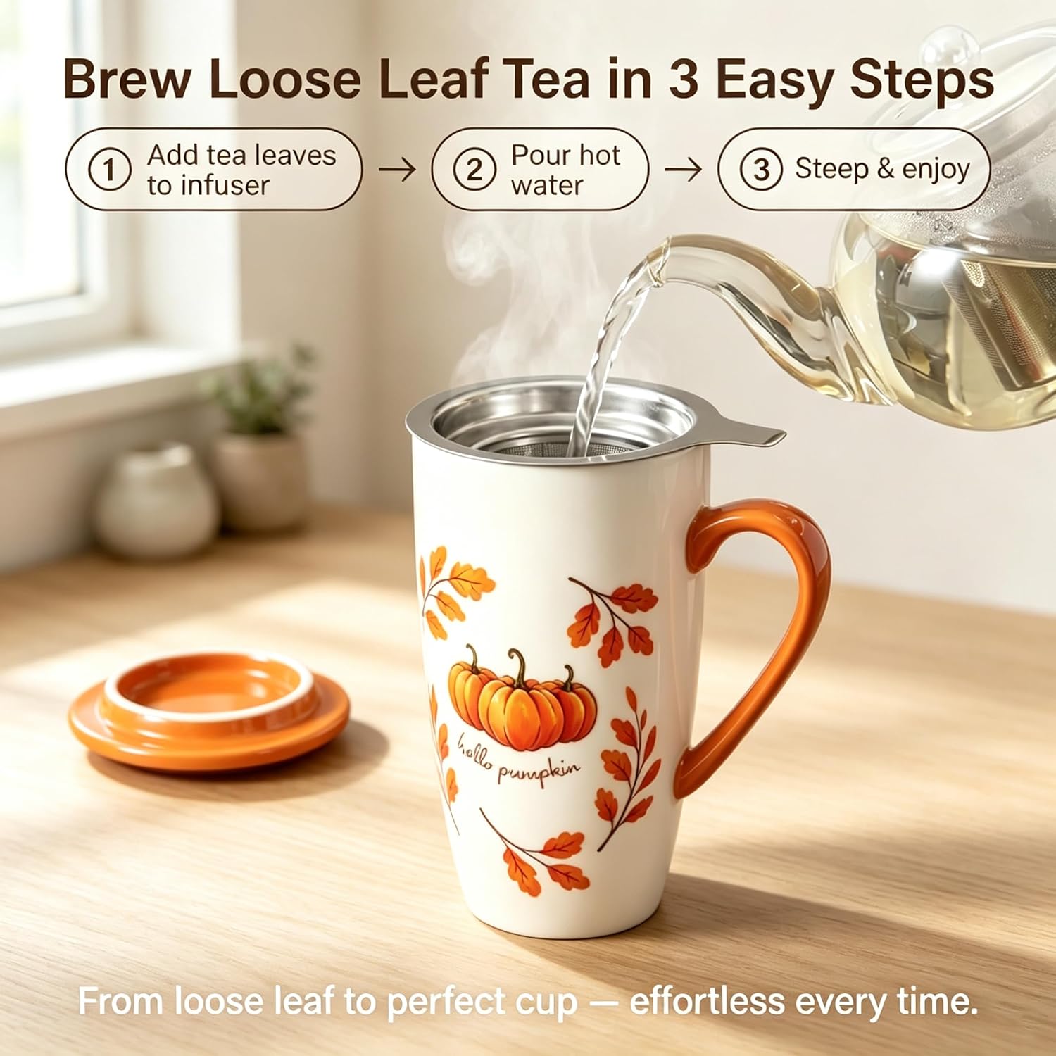 Ceramic Tea Infuser Mug with Lid & Spoon, 16OZ, Orange Pumpkin