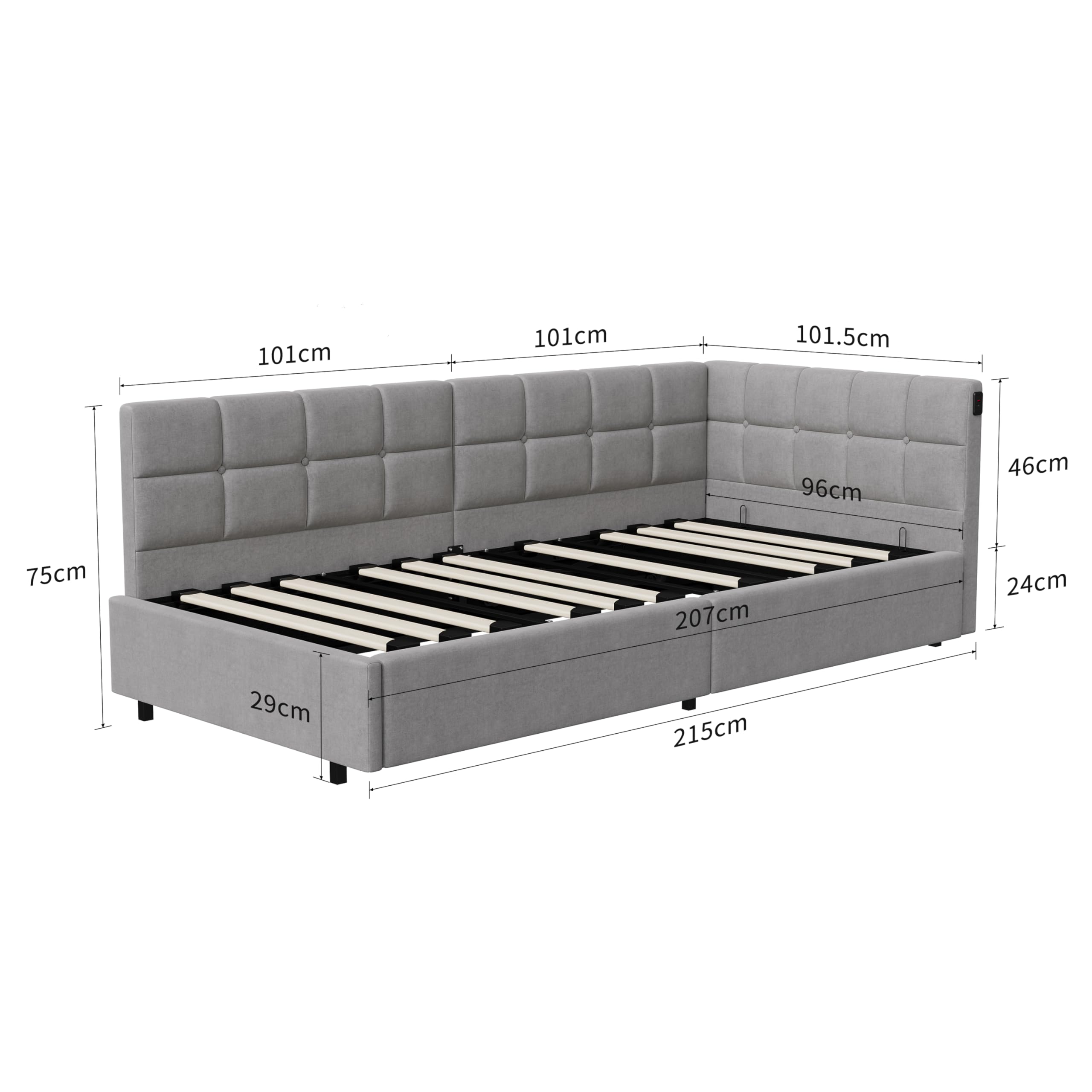 Hydrauliquet rozkładana sofa 90 x 200 cm, łóżko bagażowe 90 x 200 z LED i gniazdem USB, aksamitna tkanina, 1-osobowa sofa łóżko pojedyncze ze stelażem na listwę, rama łóżka dla dzieci i młodzieży