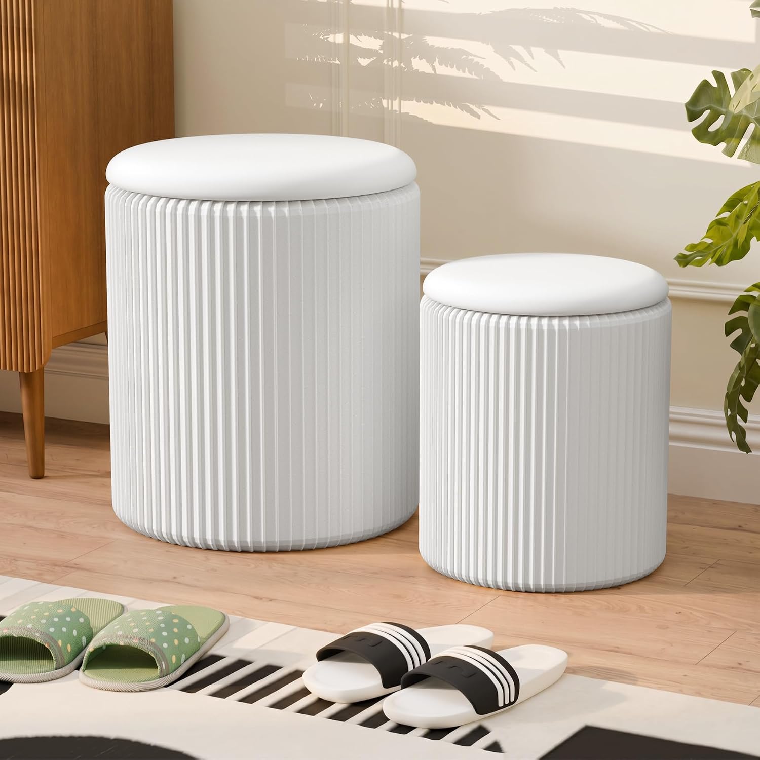 Round Ottoman with Storage Set of 2, Breathable Cotton & 300LBS Engineered Wood Frame, Nesting Side Table with Blanket Storage, No Assembly Cozy Vanity Stools for Living Room, White