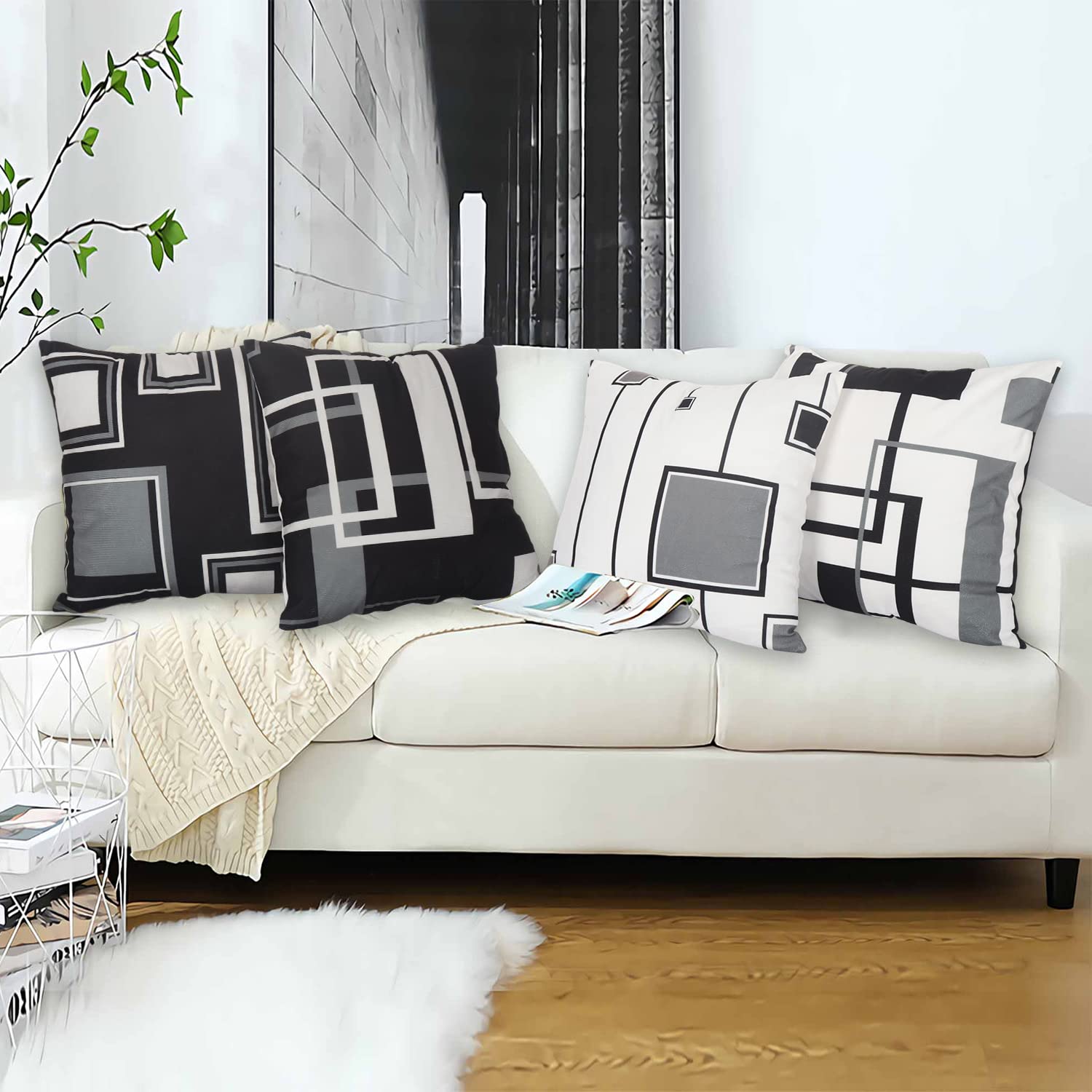 Lot De 4 Housses De Coussin Aoihrraan 40x40cm Géométrique Noir Blanc Rayures - Peluche Douce